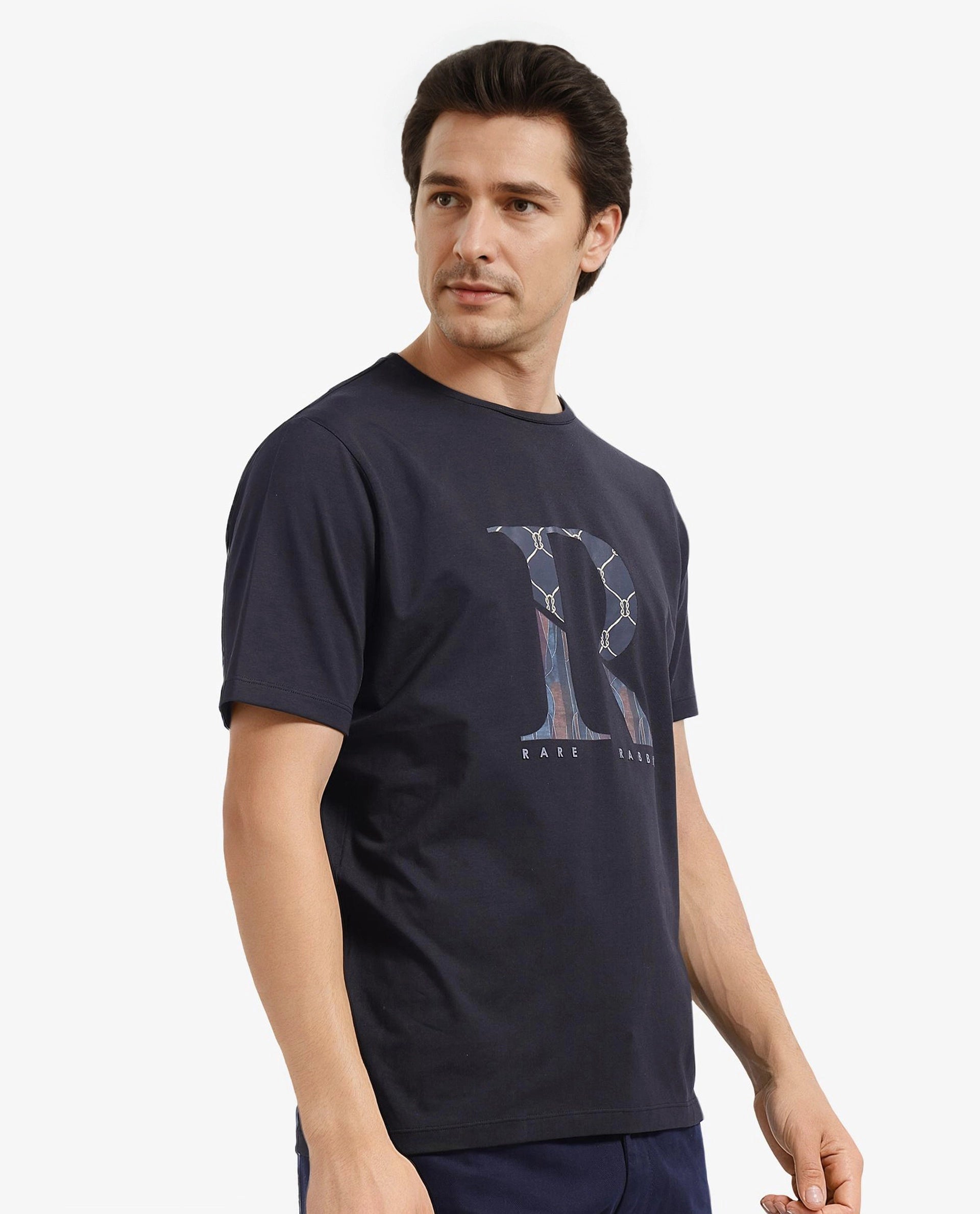 Rare Rabbit Men Qeat Black Cotton Lycra Fabric Short Sleeves Crew Neck Digital Print T-Shirt