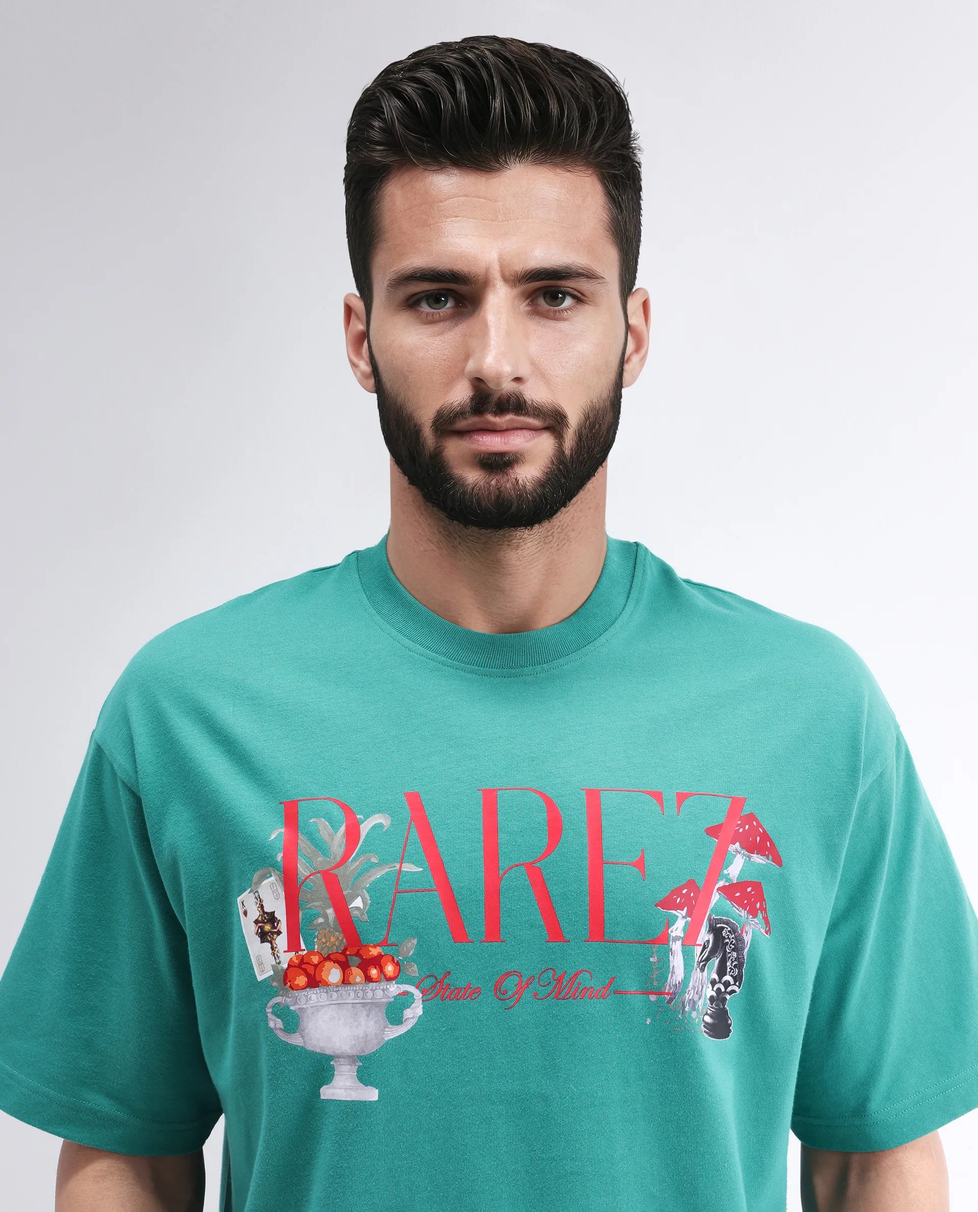 Rare Rabbit Men's Qena Green Cotton Graphic Print Oversized Fit Half Sleeve Crew Neck T-Shirt