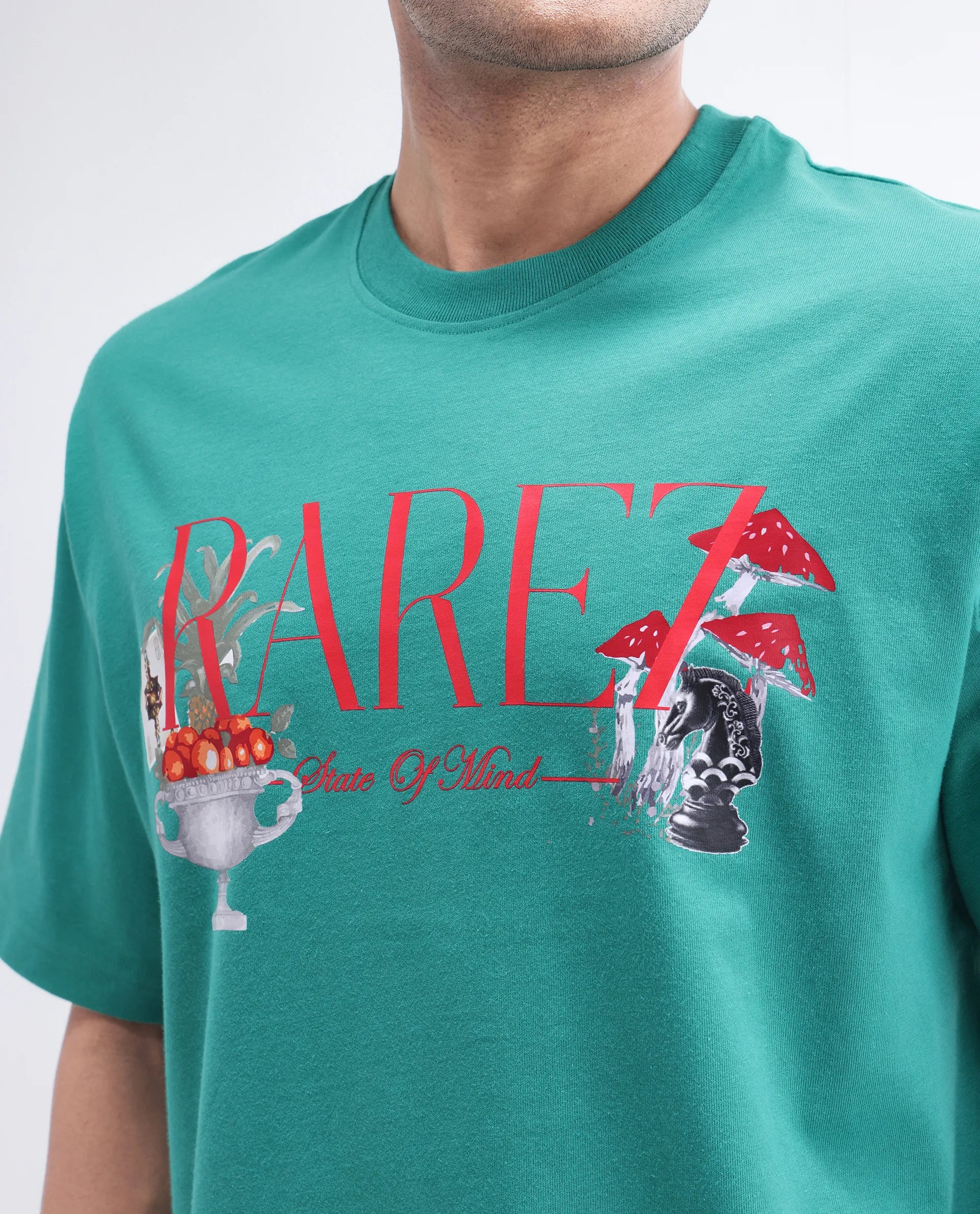 Rare Rabbit Men's Qena Green Cotton Graphic Print Oversized Fit Half Sleeve Crew Neck T-Shirt