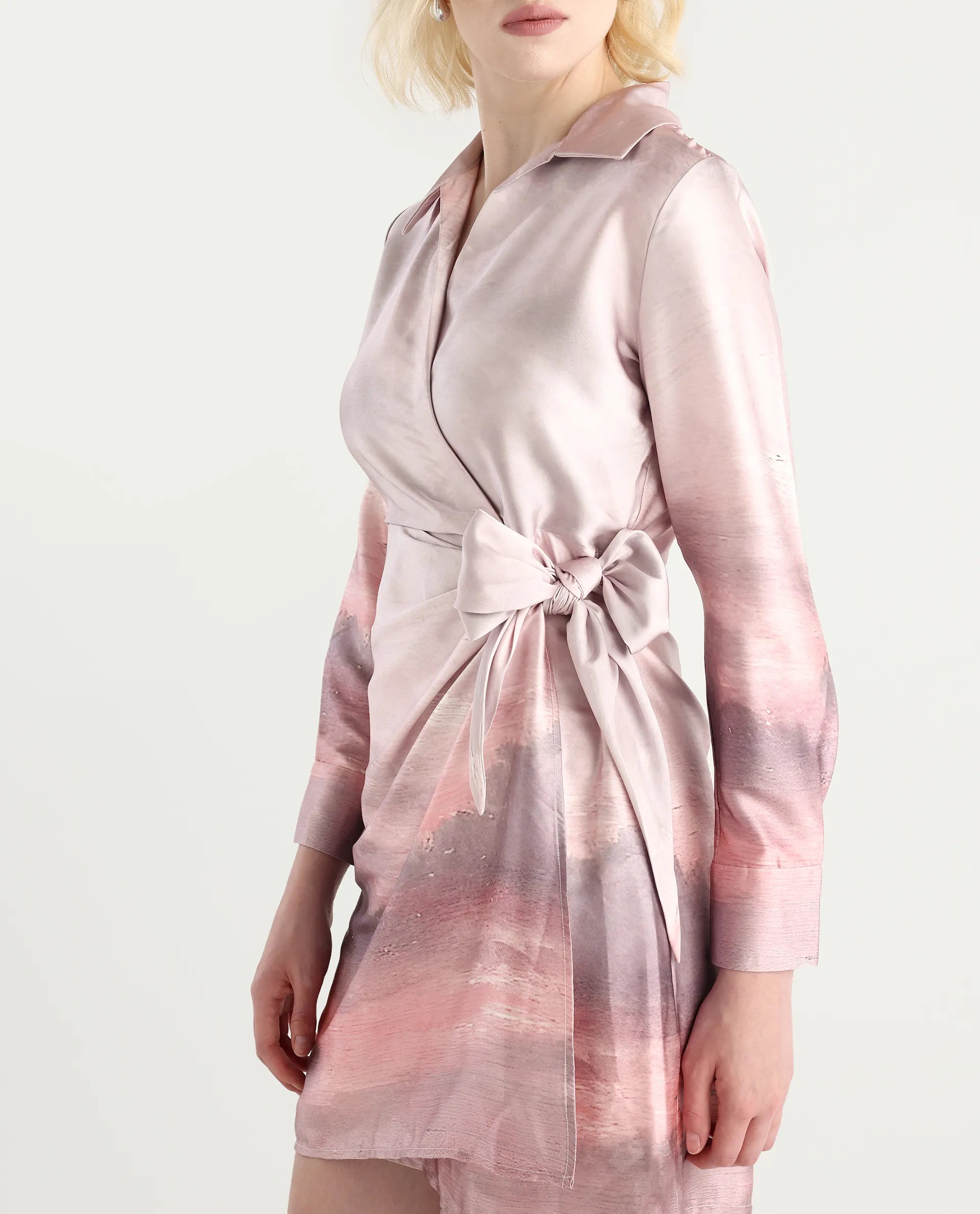 Rareism Women's Qert Dusky Multi Satin Johnny Collar Abstract Print Cuffed Sleeve Mini Straight Fit Dress