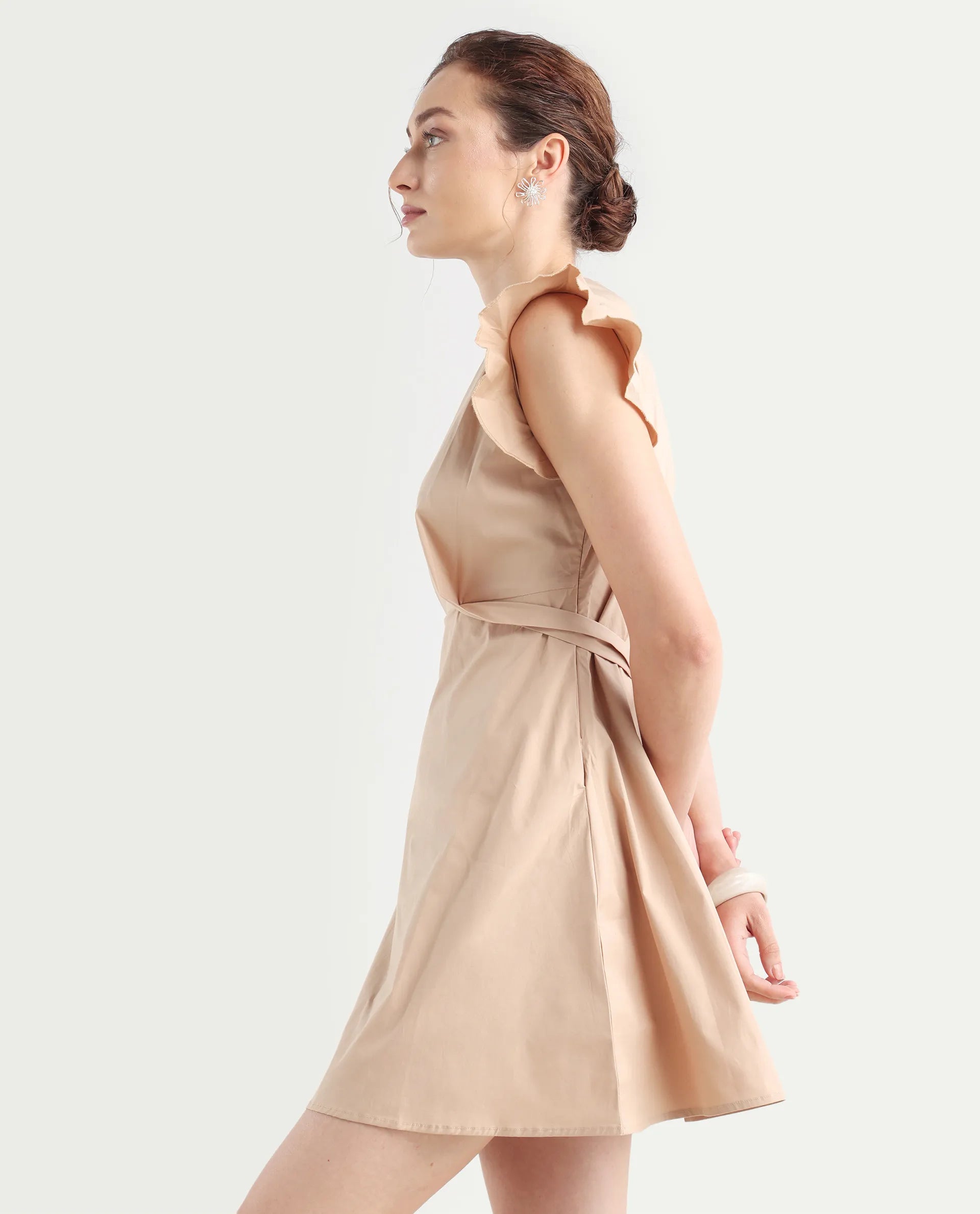 Rareism Women's Qinc Beige Cotton Blend V-Neck Plain Ruffled Sleeve Mini Fit And Flare Dress