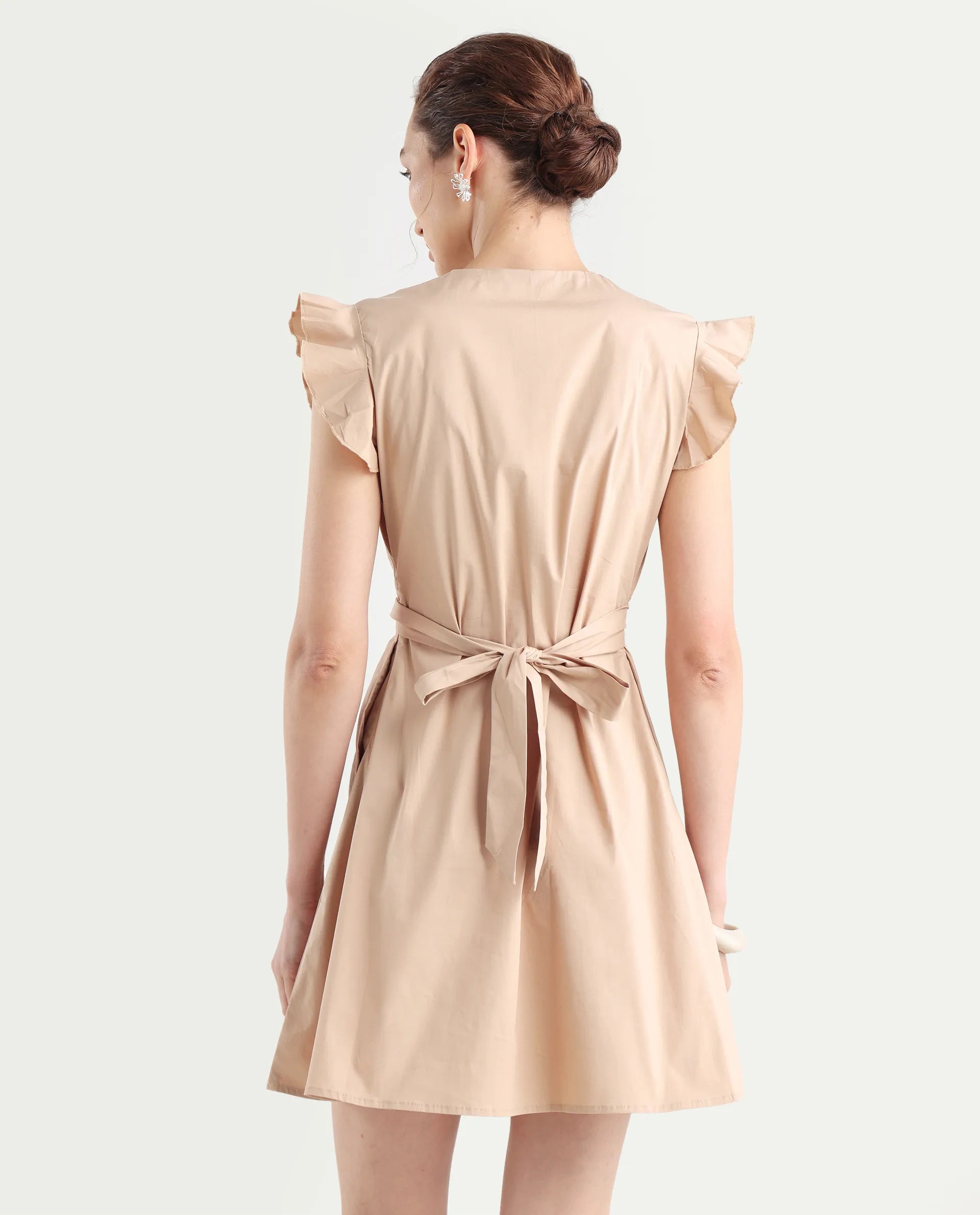 Rareism Women's Qinc Beige Cotton Blend V-Neck Plain Ruffled Sleeve Mini Fit And Flare Dress