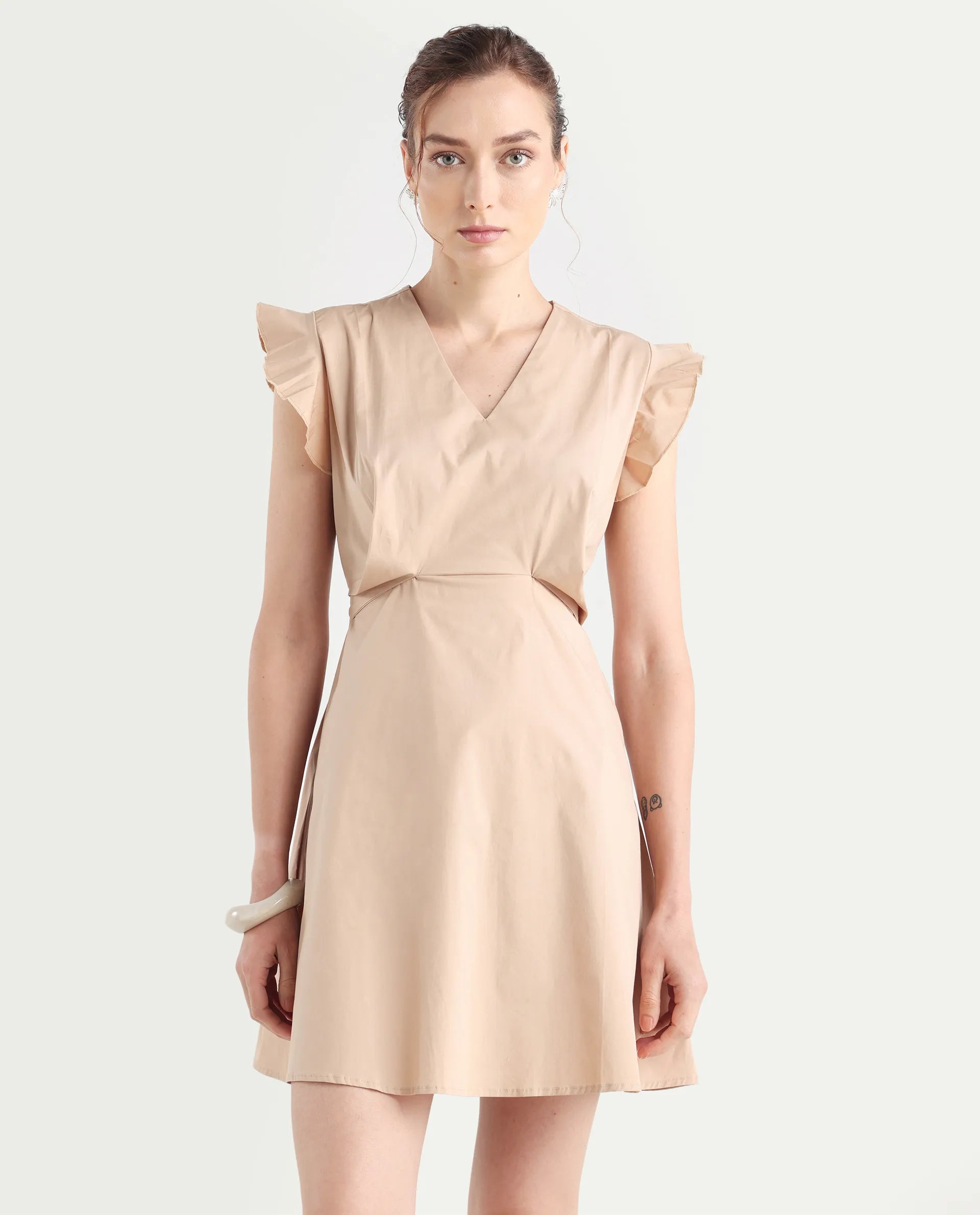 Rareism Women's Qinc Beige Cotton Blend V-Neck Plain Ruffled Sleeve Mini Fit And Flare Dress