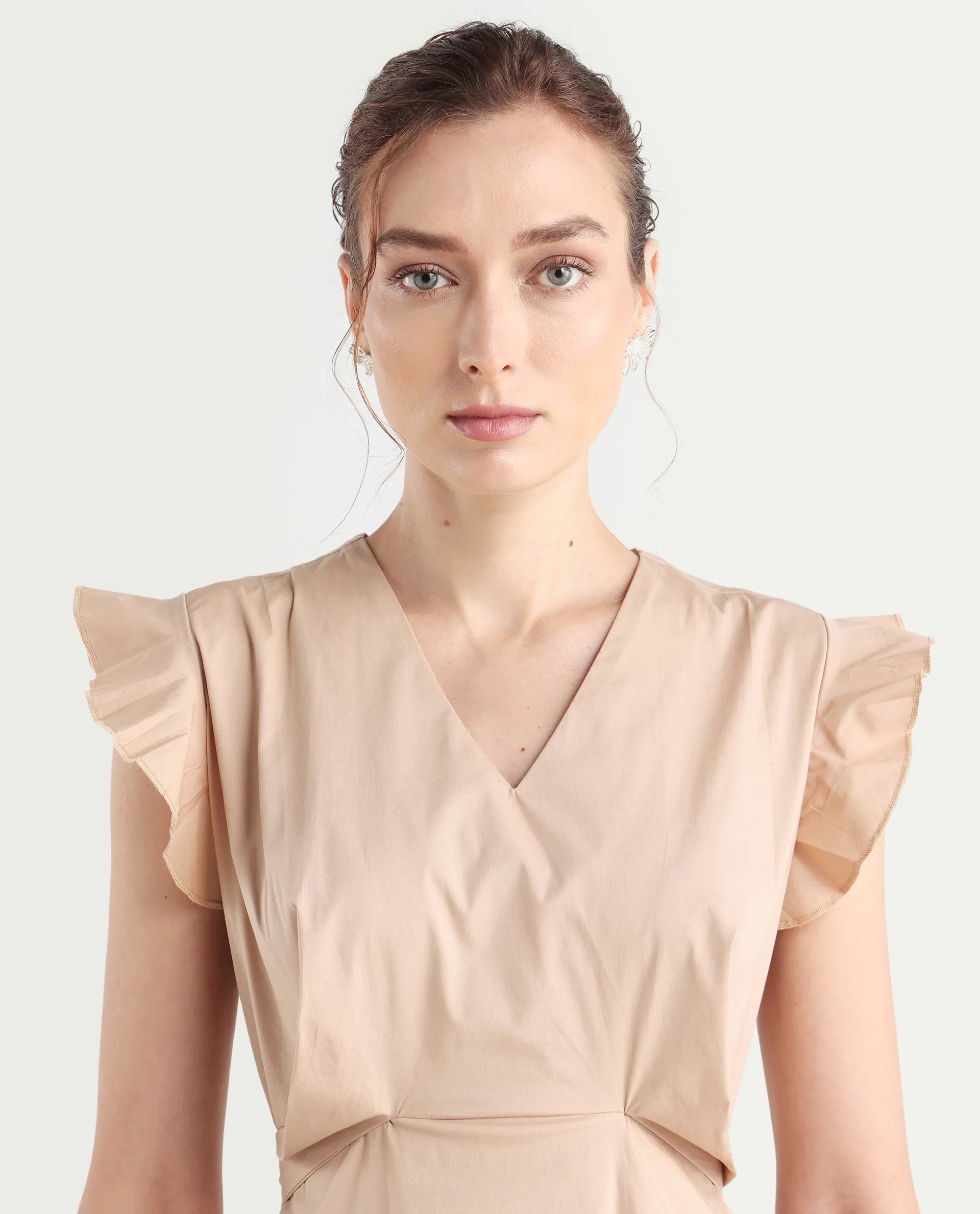 Rareism Women's Qinc Beige Cotton Blend V-Neck Plain Ruffled Sleeve Mini Fit And Flare Dress