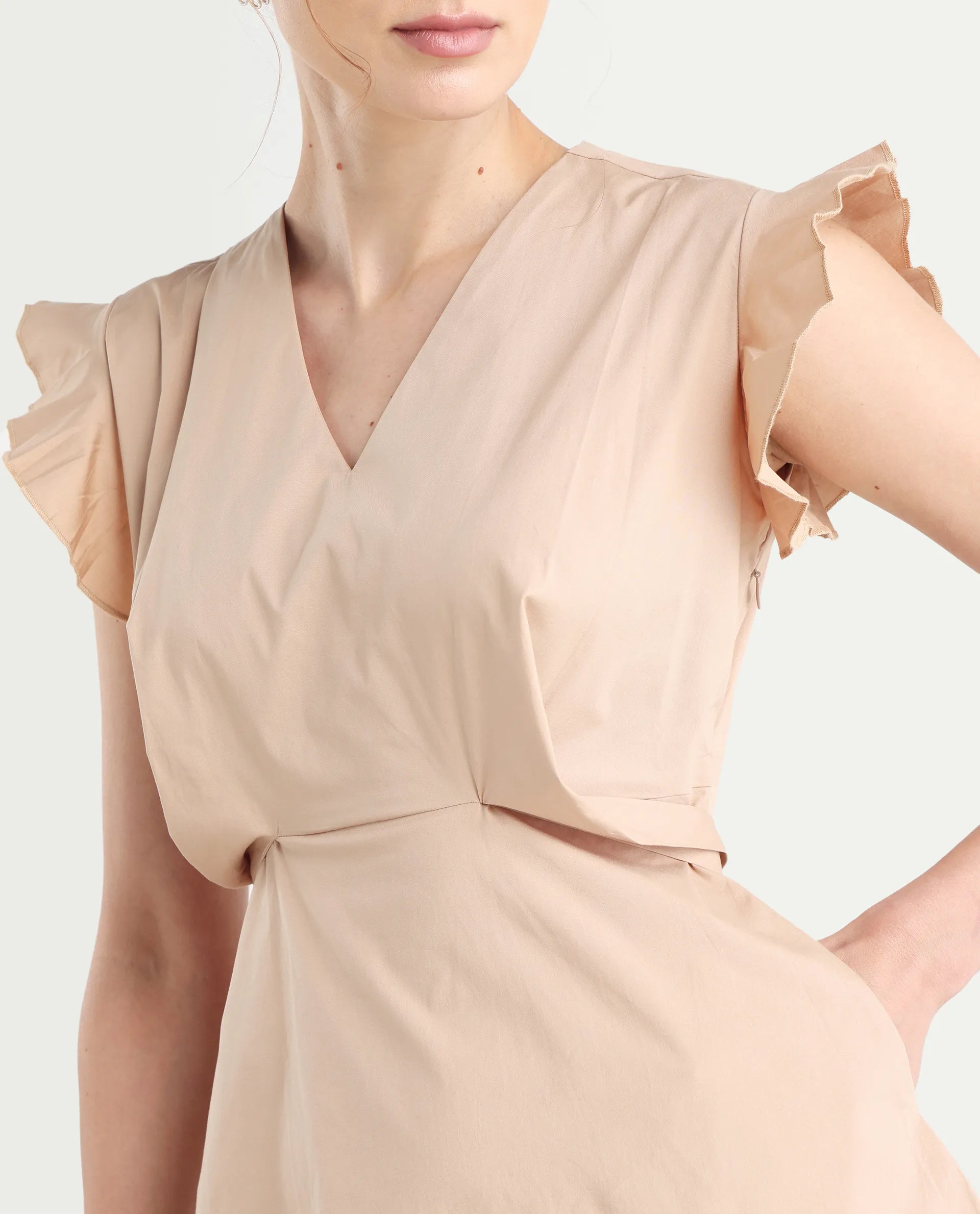 Rareism Women's Qinc Beige Cotton Blend V-Neck Plain Ruffled Sleeve Mini Fit And Flare Dress