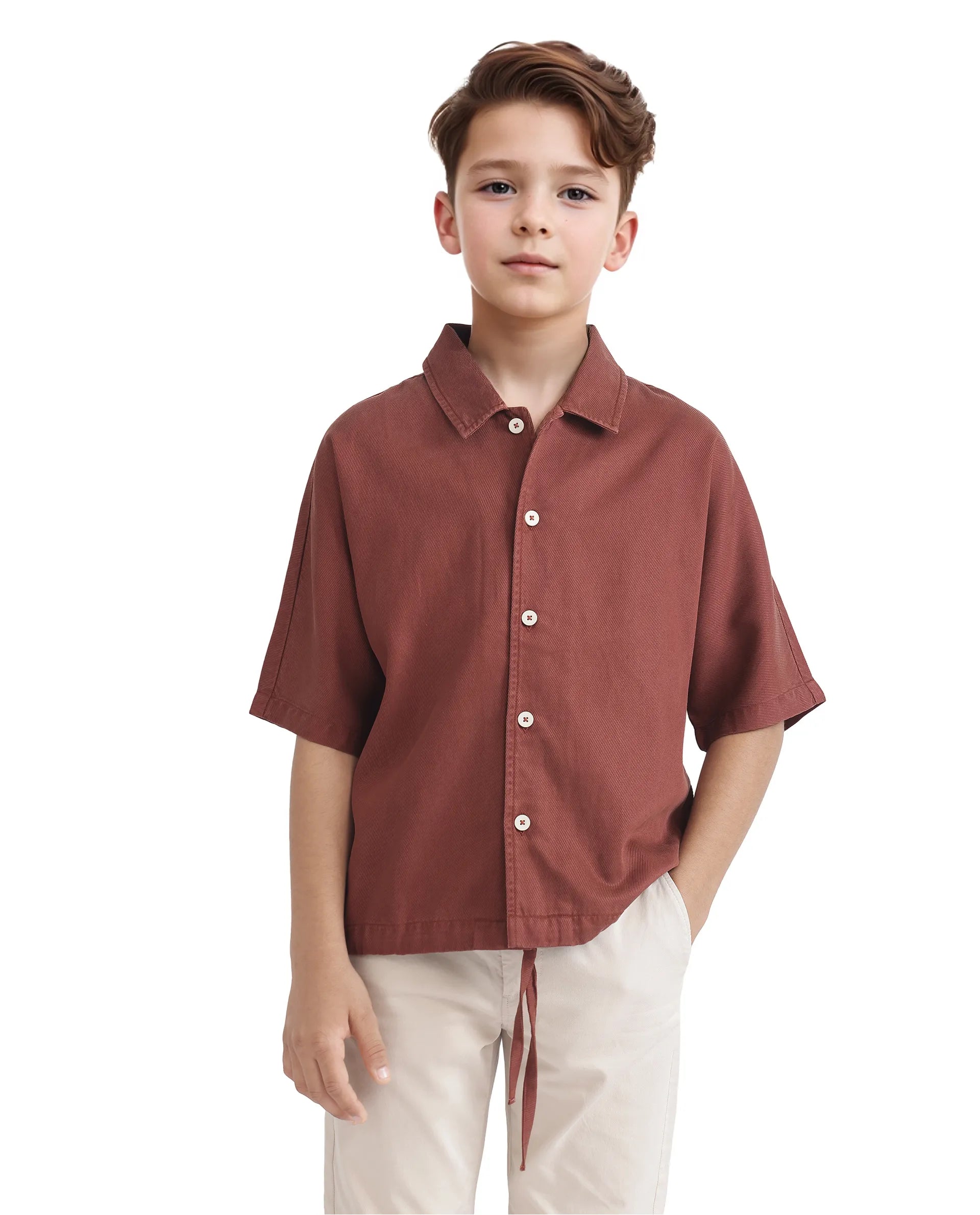 Rare Ones Kids Qirk Brown Cotton Blend Half Sleeve Solid Regular Shirt