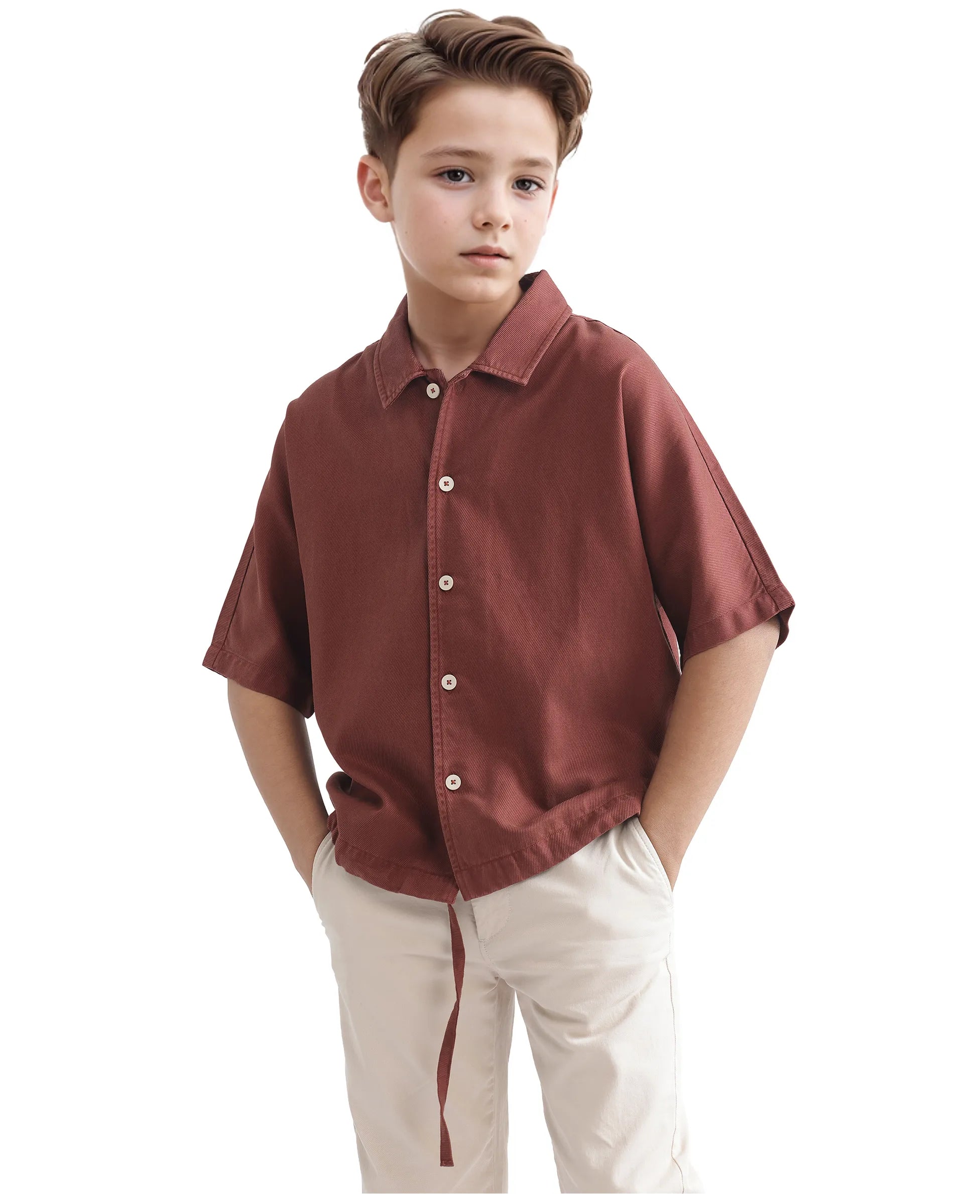 Rare Ones Kids Qirk Brown Cotton Blend Half Sleeve Solid Regular Shirt