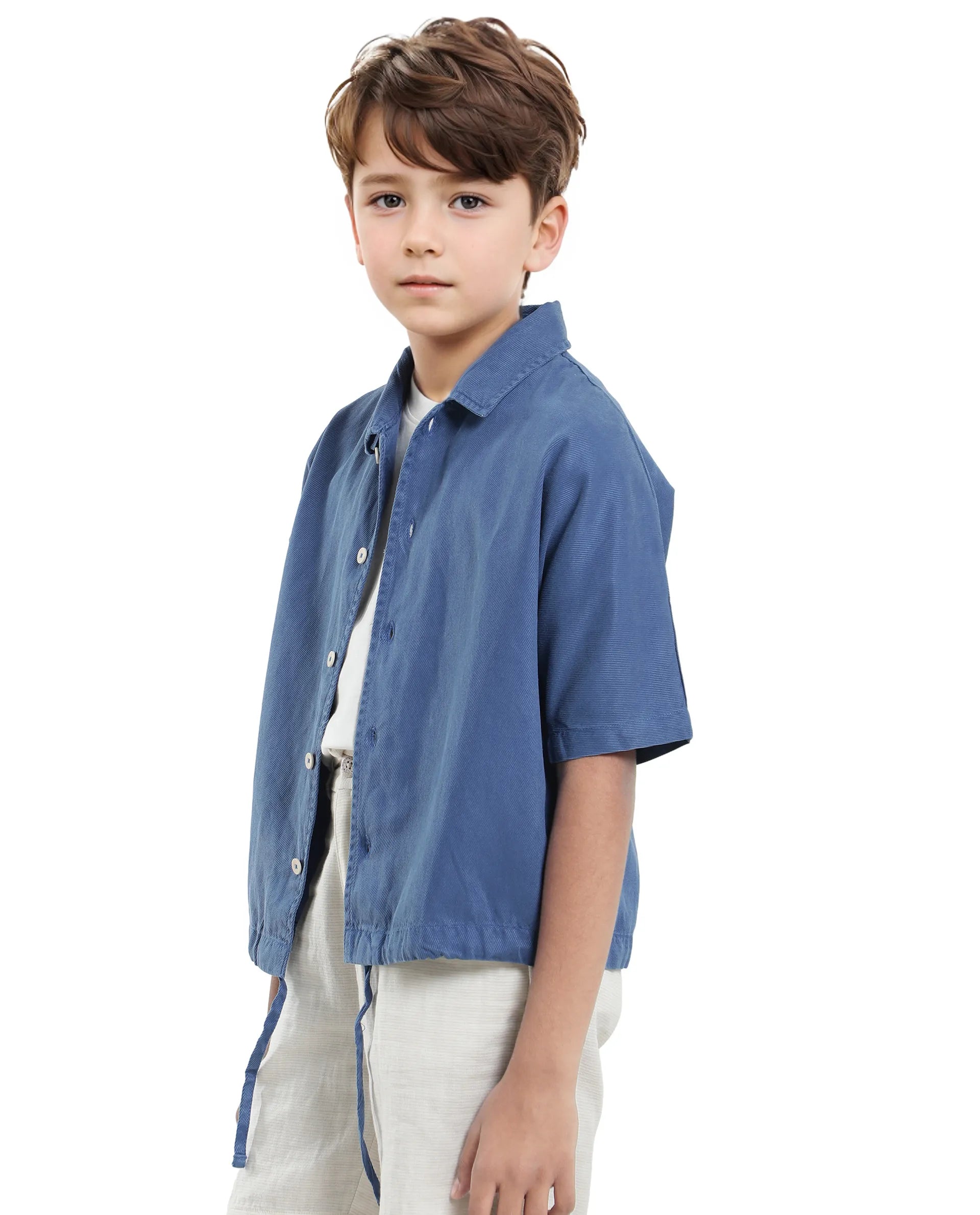 Rare Ones Kids Qirk Blue Cotton Blend Short Sleeve Solid Regular Shirt