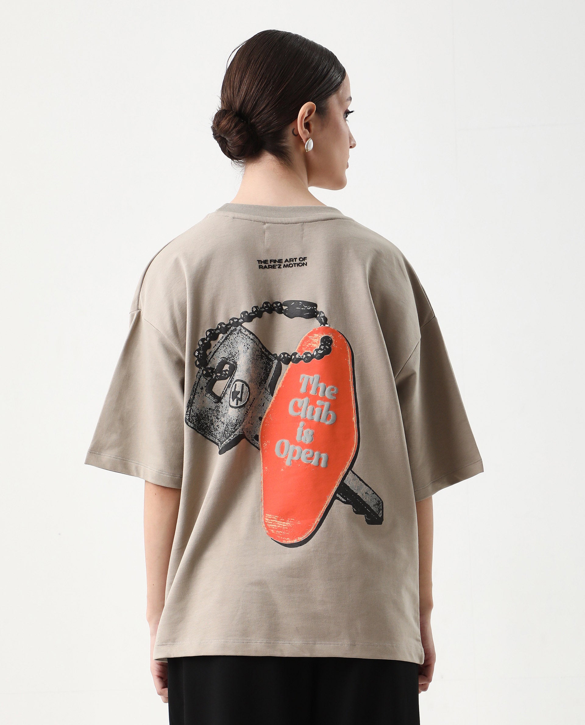 Rareism Women's Qlax Beige Cotton Graphic Print Oversized T-Shirt