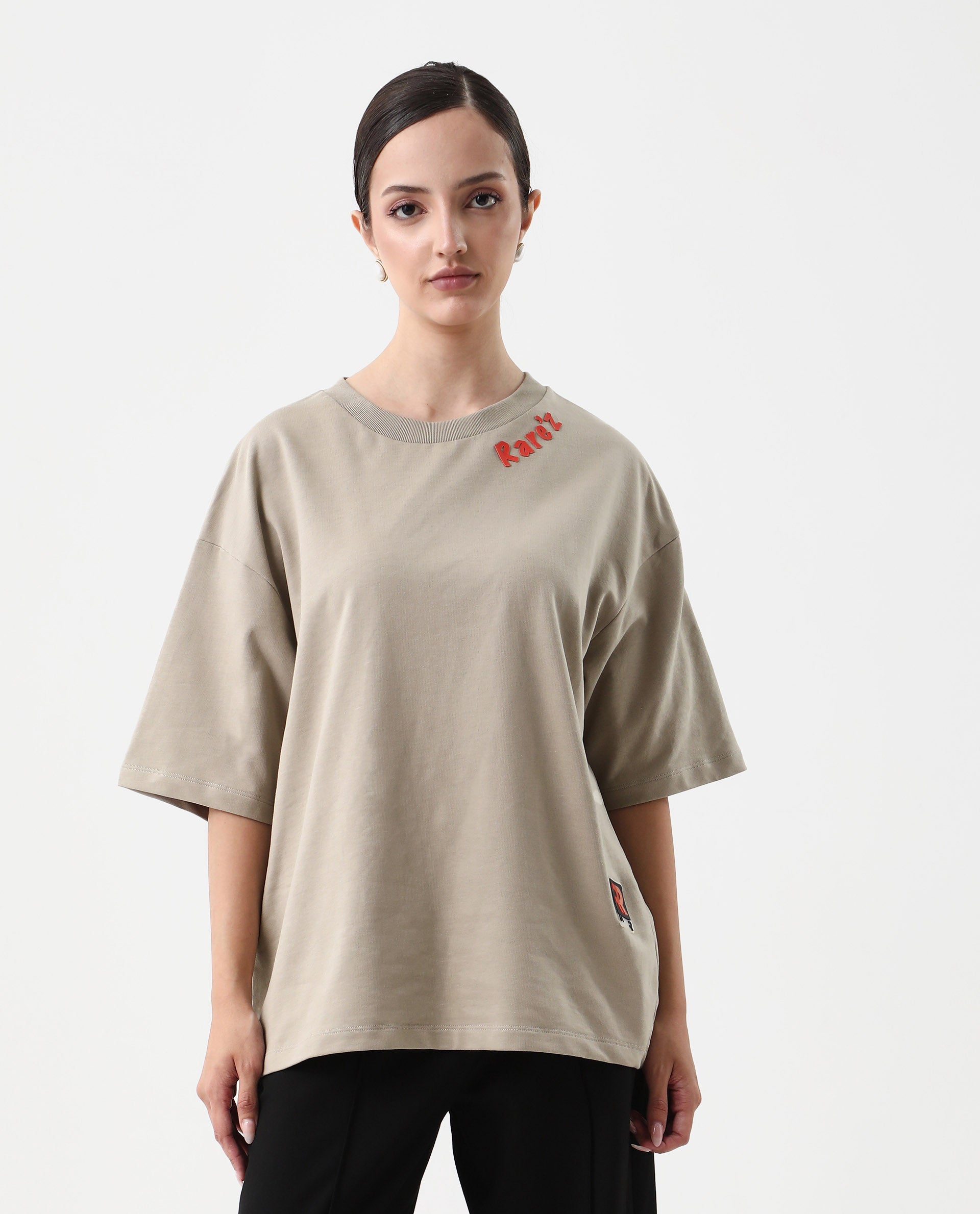 Rareism Women's Qlax Beige Cotton Graphic Print Oversized T-Shirt