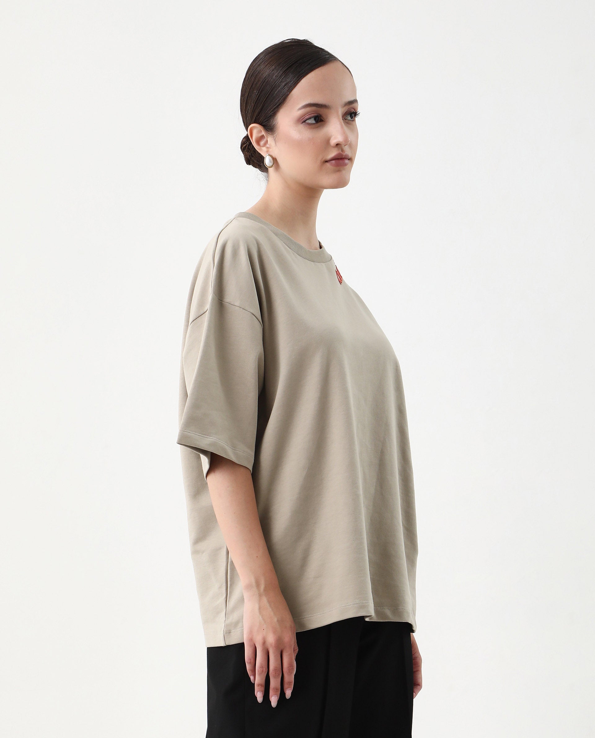 Rareism Women's Qlax Beige Cotton Graphic Print Oversized T-Shirt