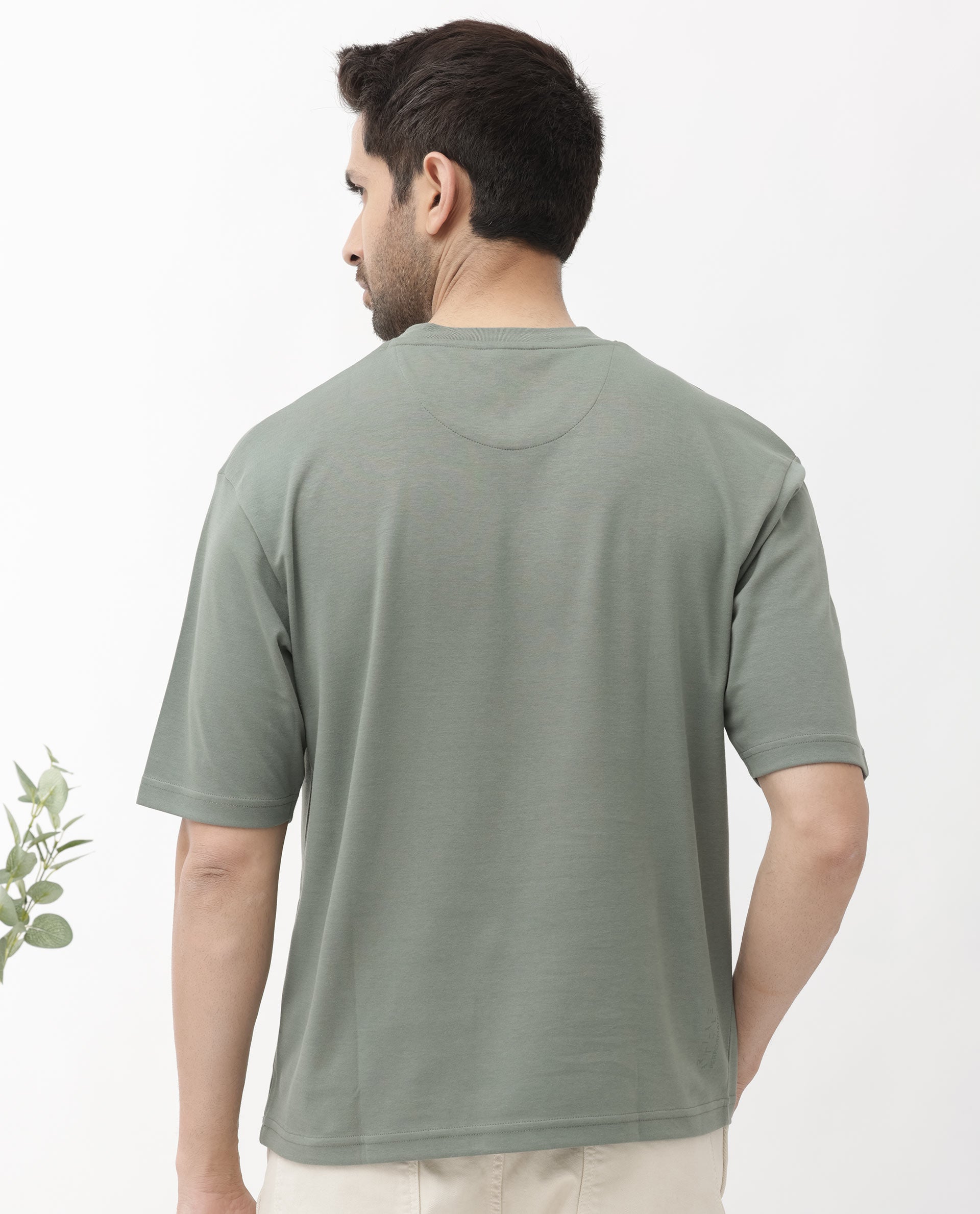 Rare Rabbit Men's Qlo Dusky Olive Cotton Polyester Fabric Short Sleeve Crew Neck Oversized Fit Solid T-Shirt