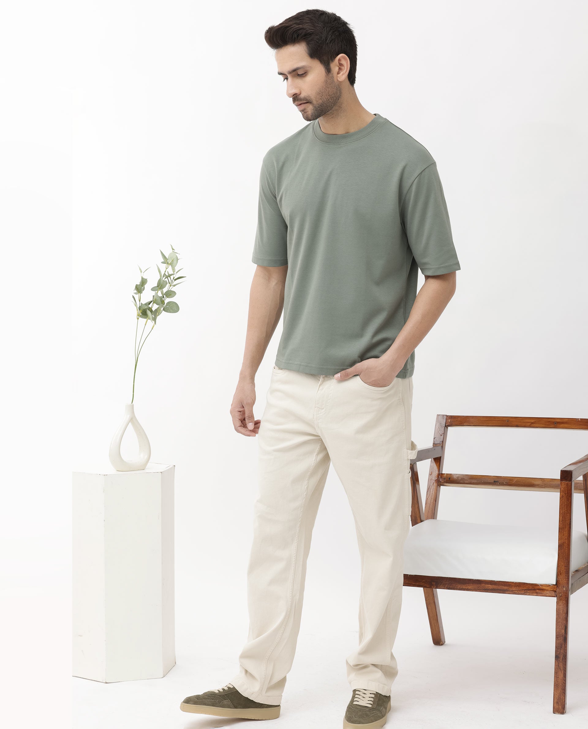 Rare Rabbit Men's Qlo Dusky Olive Cotton Polyester Fabric Short Sleeve Crew Neck Oversized Fit Solid T-Shirt