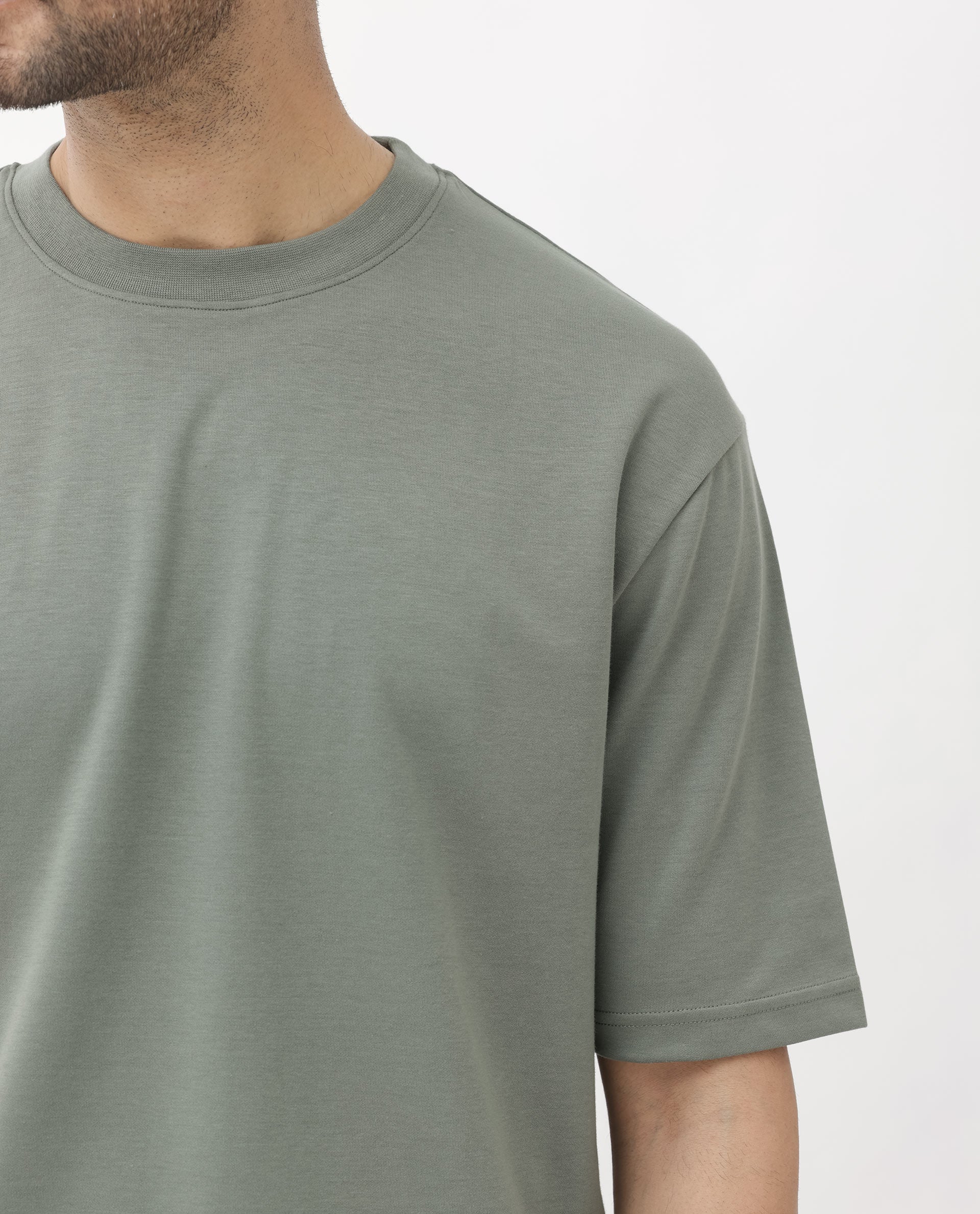 Rare Rabbit Men's Qlo Dusky Olive Cotton Polyester Fabric Short Sleeve Crew Neck Oversized Fit Solid T-Shirt