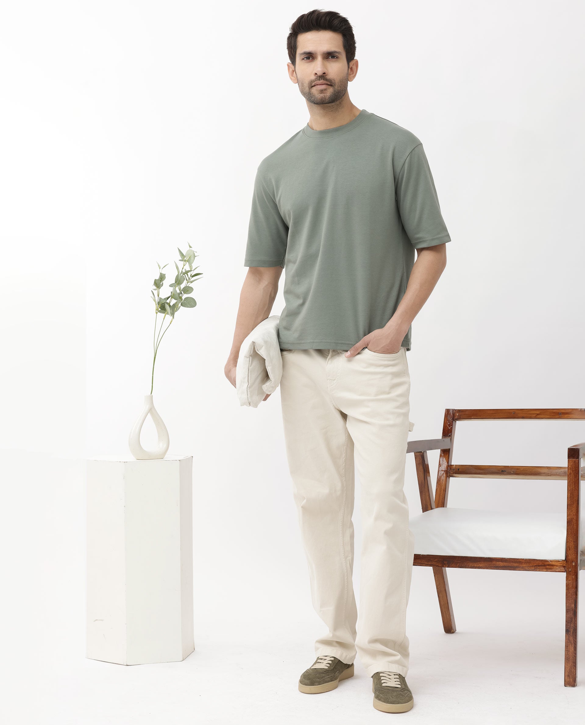 Rare Rabbit Men's Qlo Dusky Olive Cotton Polyester Fabric Short Sleeve Crew Neck Oversized Fit Solid T-Shirt