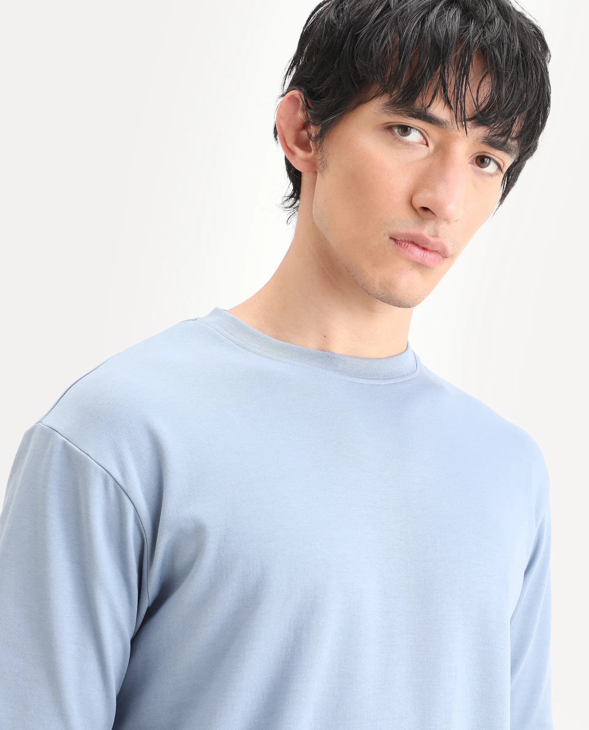 Rare Rabbit Men's Qlo-S26 Dusky Blue Cotton Blend Fabric Half Sleeve Crew Neck Oversize Plain T-Shirt