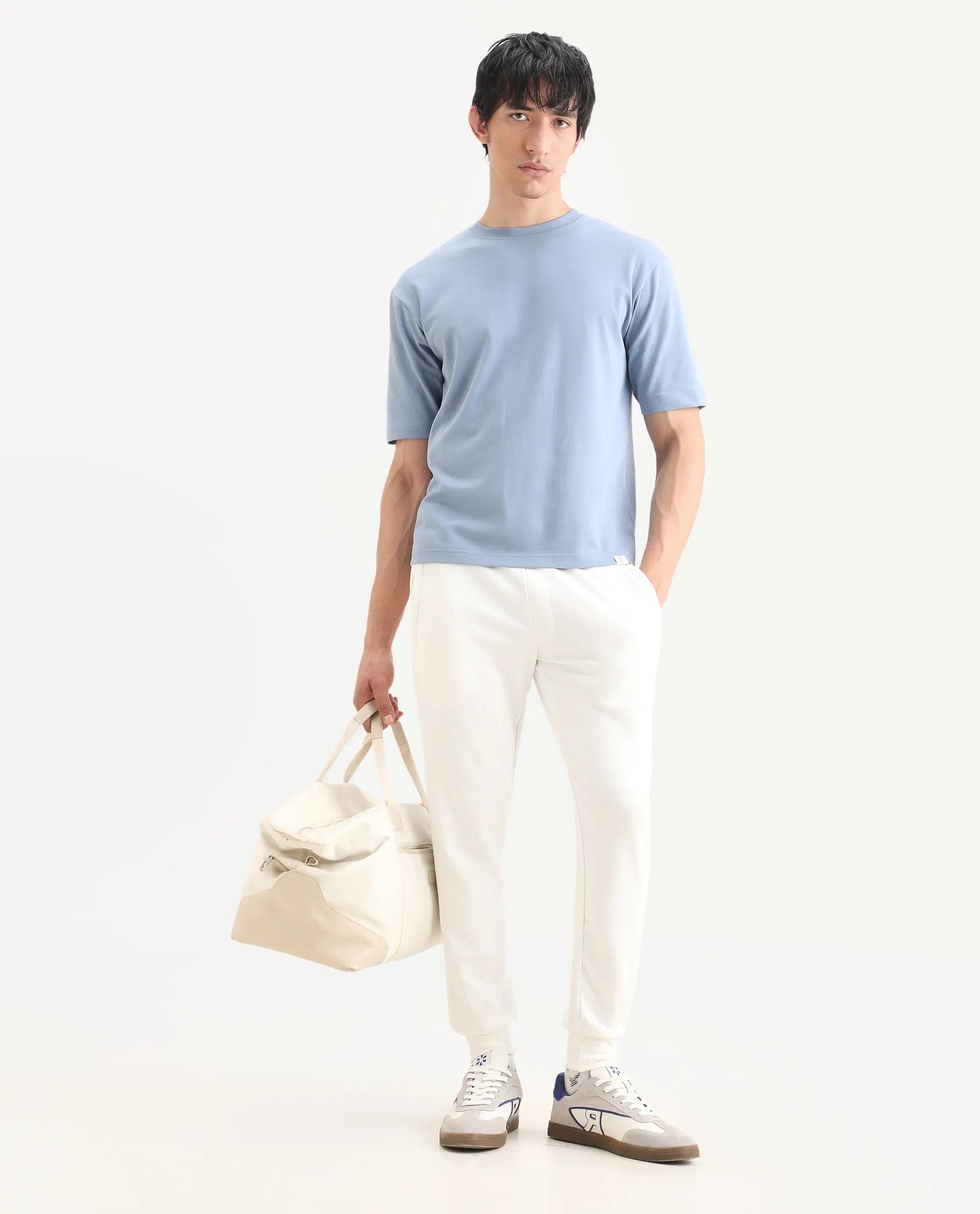 Rare Rabbit Men's Qlo-S26 Dusky Blue Cotton Blend Fabric Half Sleeve Crew Neck Oversize Plain T-Shirt