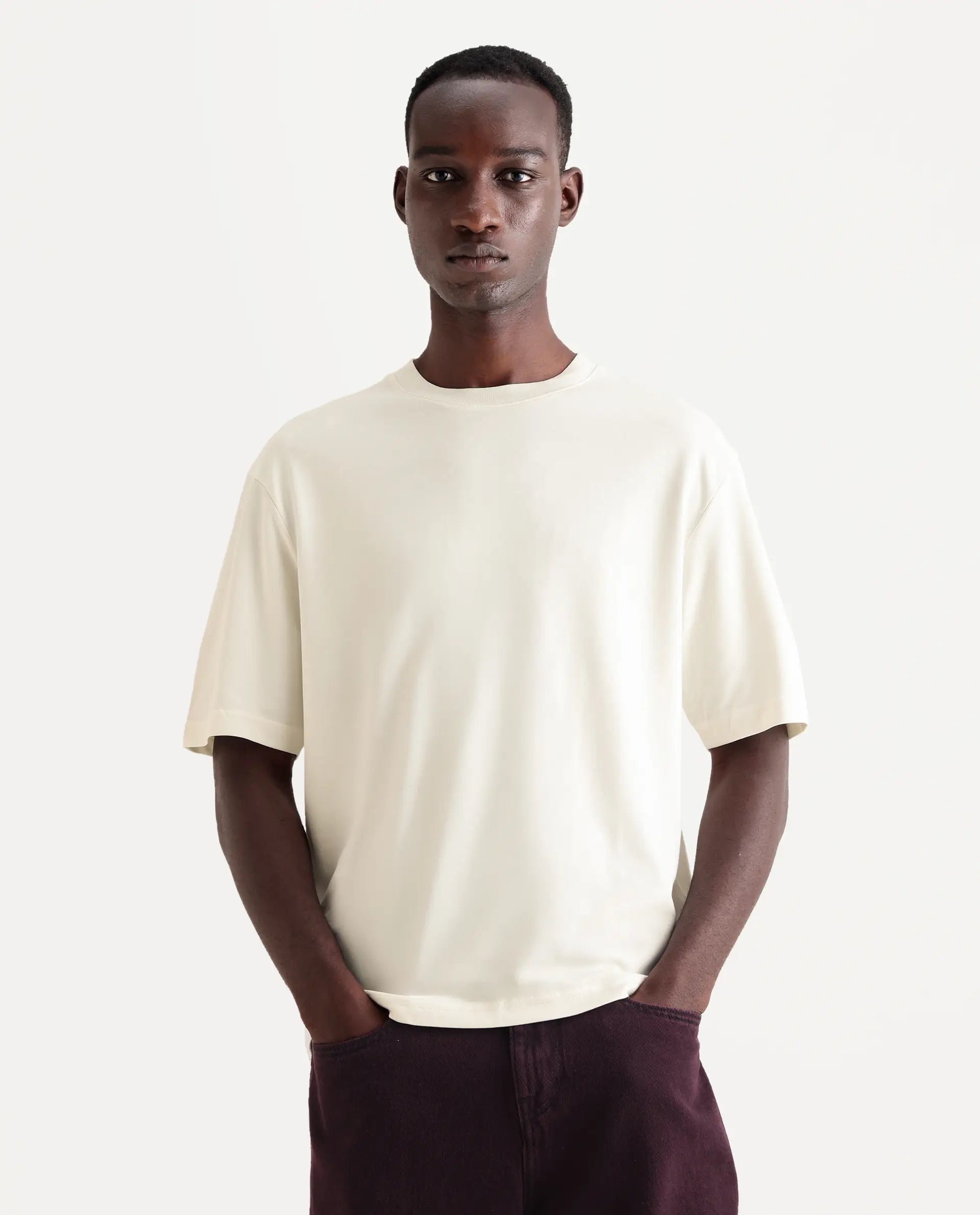 Rare Rabbit Men's Qlo Off White Cotton Blend Plain Oversized Fit Half Sleeve Crew Neck T-Shirt