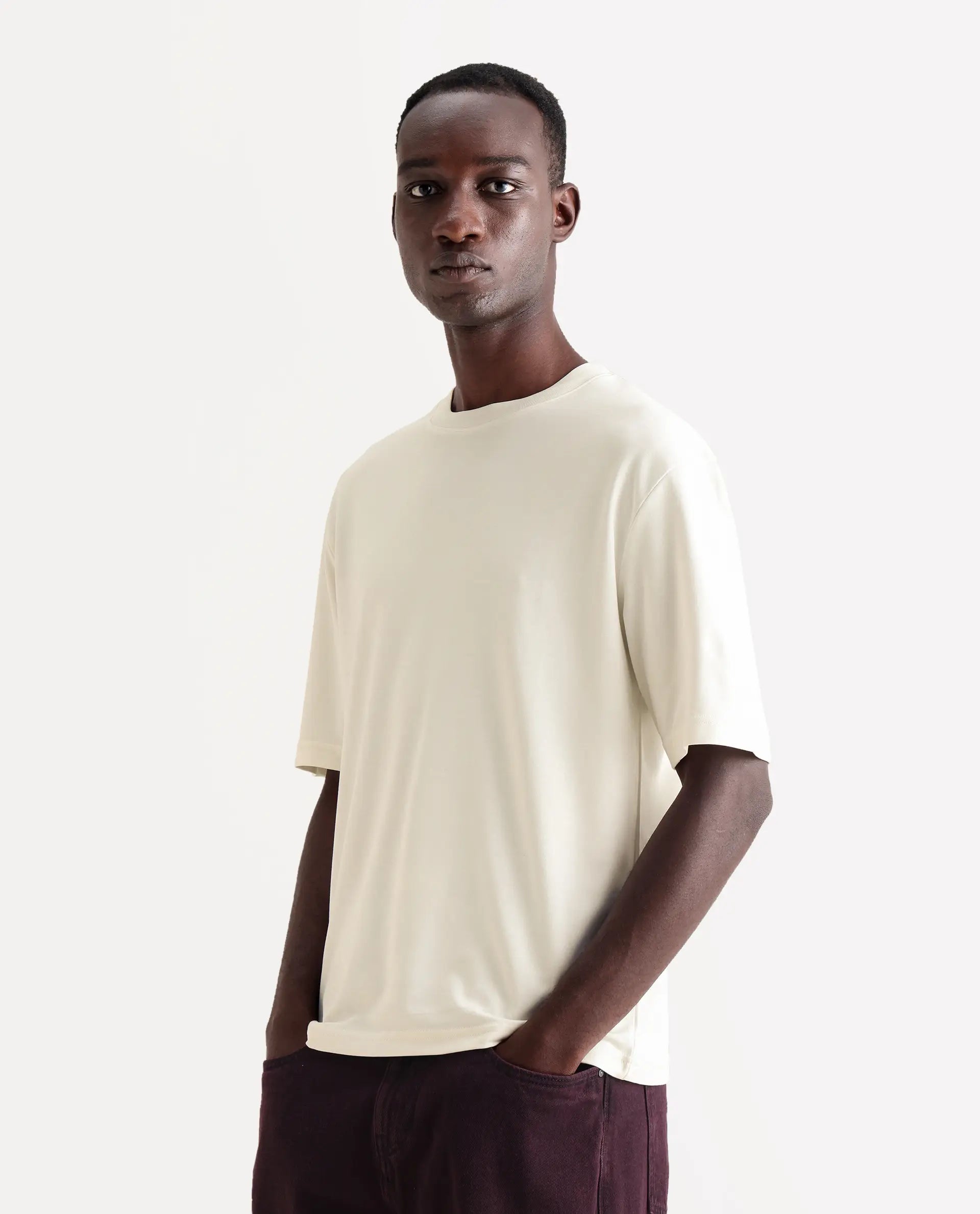 Rare Rabbit Men's Qlo Off White Cotton Blend Plain Oversized Fit Half Sleeve Crew Neck T-Shirt