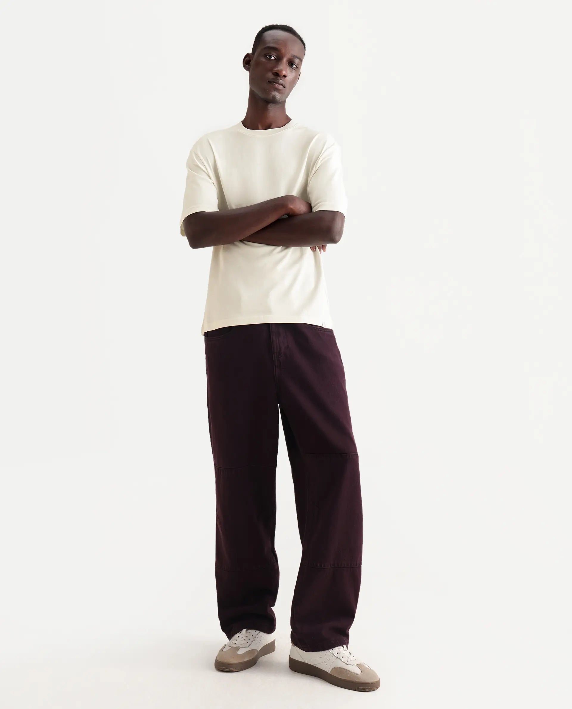 Rare Rabbit Men's Qlo Off White Cotton Blend Plain Oversized Fit Half Sleeve Crew Neck T-Shirt