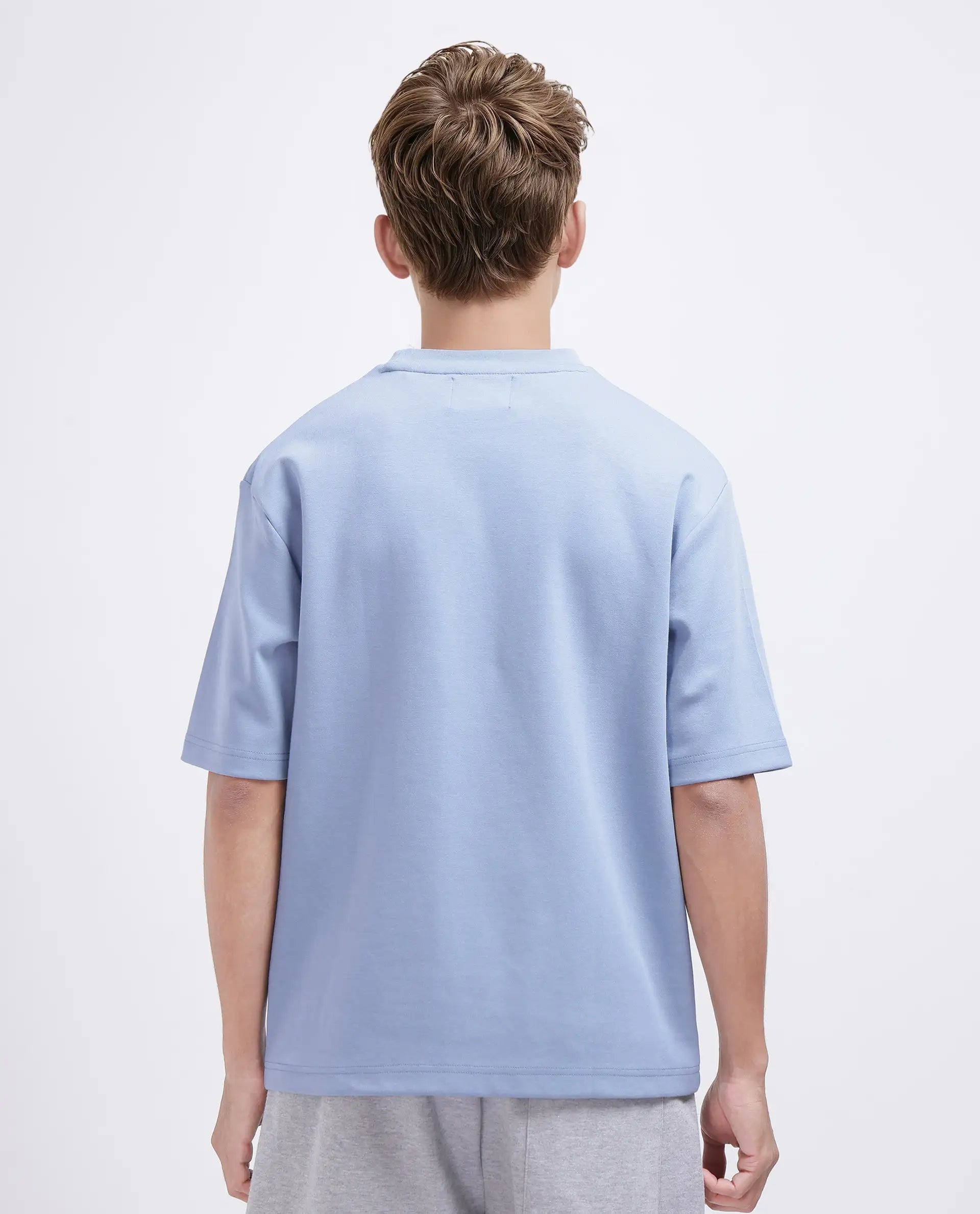 Rare Rabbit Men Qlos Dusky Blue Cotton Blend Fabric Short Sleeves Crew Neck Boxy Fit Plain T-Shirt