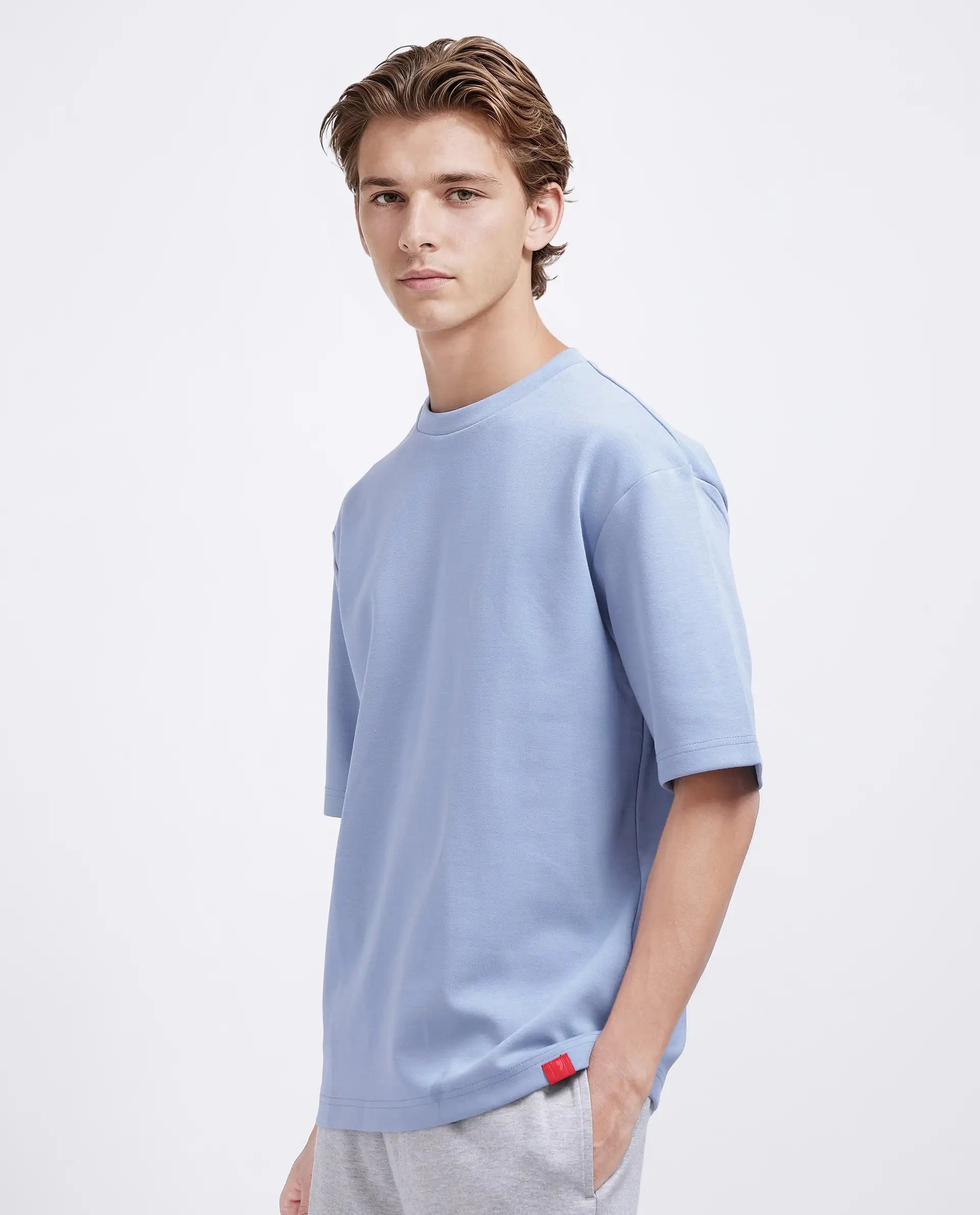 Rare Rabbit Men Qlos Dusky Blue Cotton Blend Fabric Short Sleeves Crew Neck Boxy Fit Plain T-Shirt