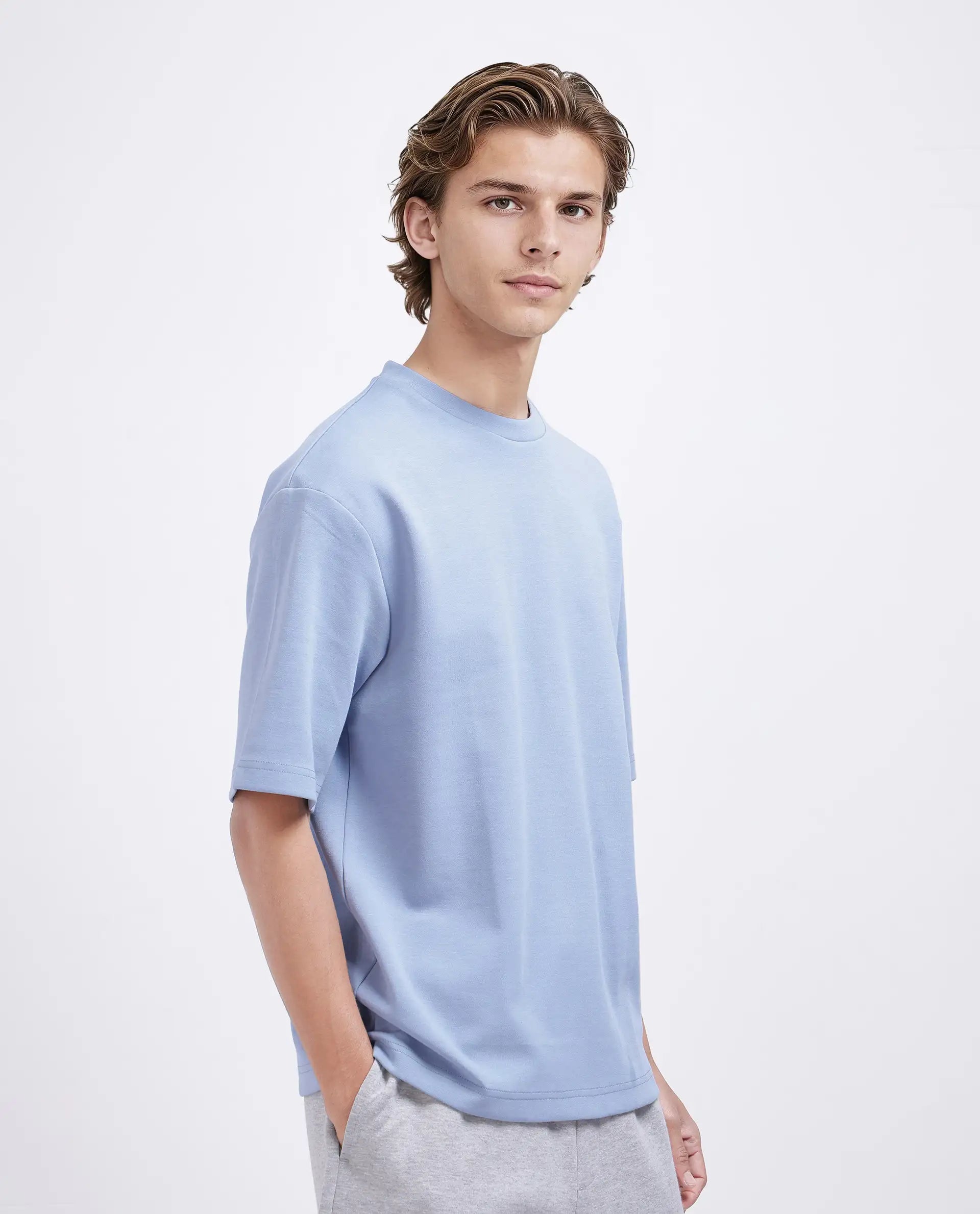 Rare Rabbit Men Qlos Dusky Blue Cotton Blend Fabric Short Sleeves Crew Neck Boxy Fit Plain T-Shirt