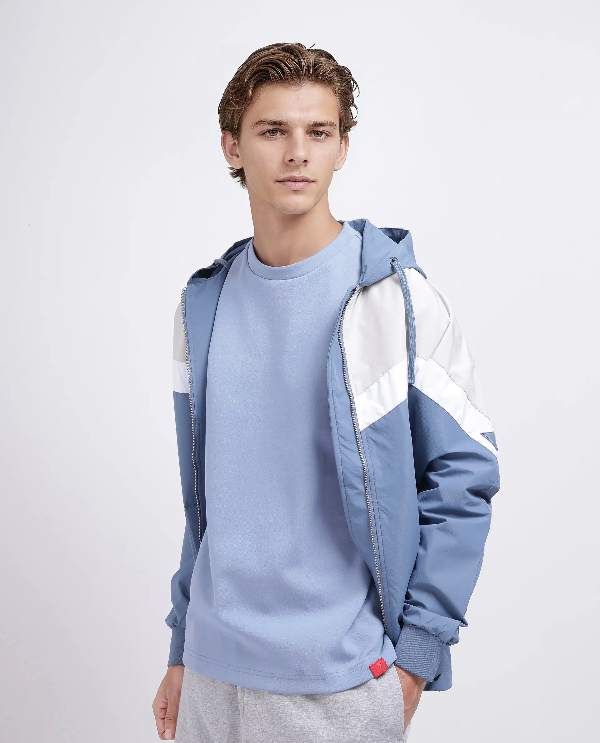 Rare Rabbit Men Qlos Dusky Blue Cotton Blend Fabric Short Sleeves Crew Neck Boxy Fit Plain T-Shirt