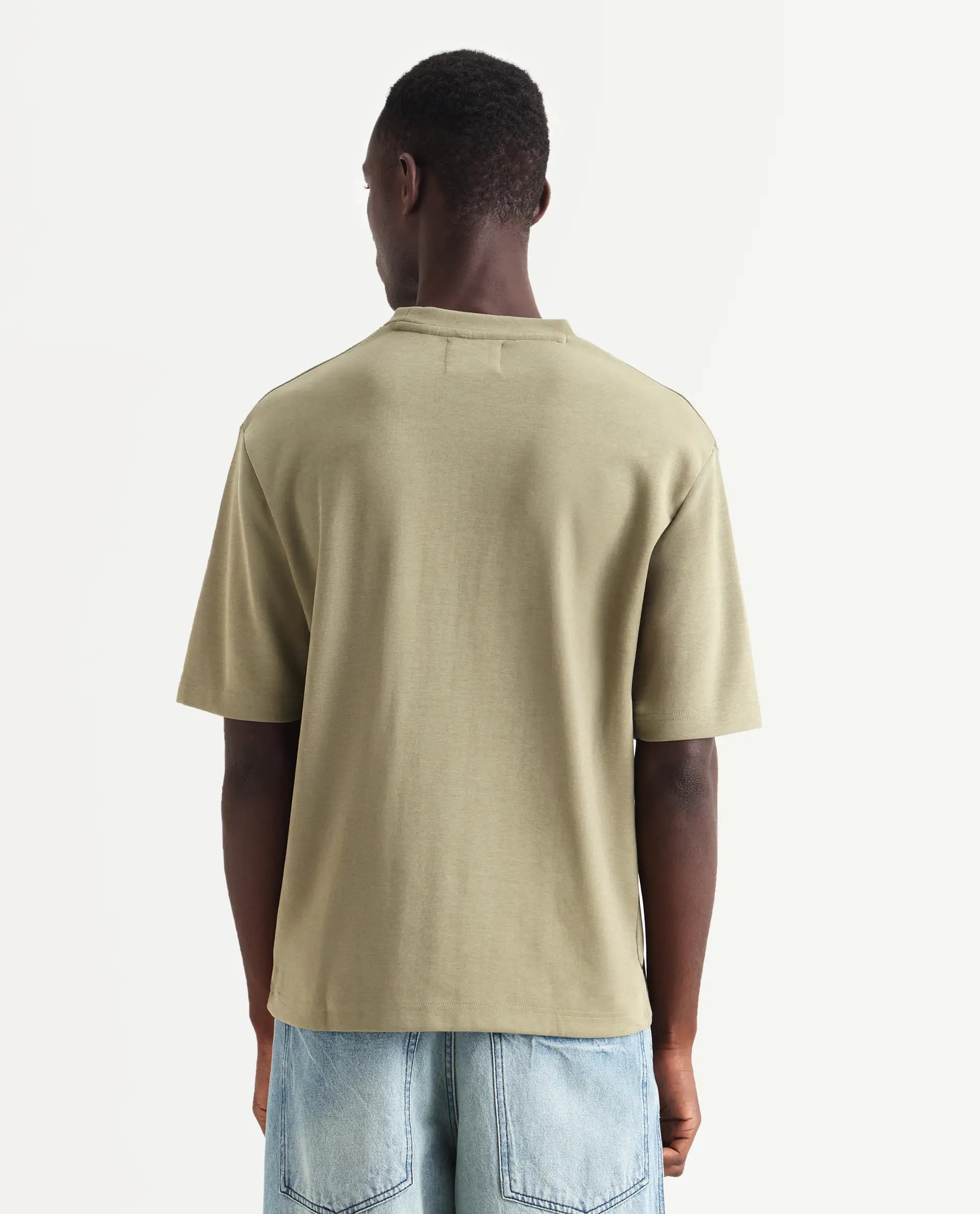 Rare Rabbit Men's Qlos Olive Cotton Blend Plain Boxy Fit Half Sleeve Crew Neck T-Shirt