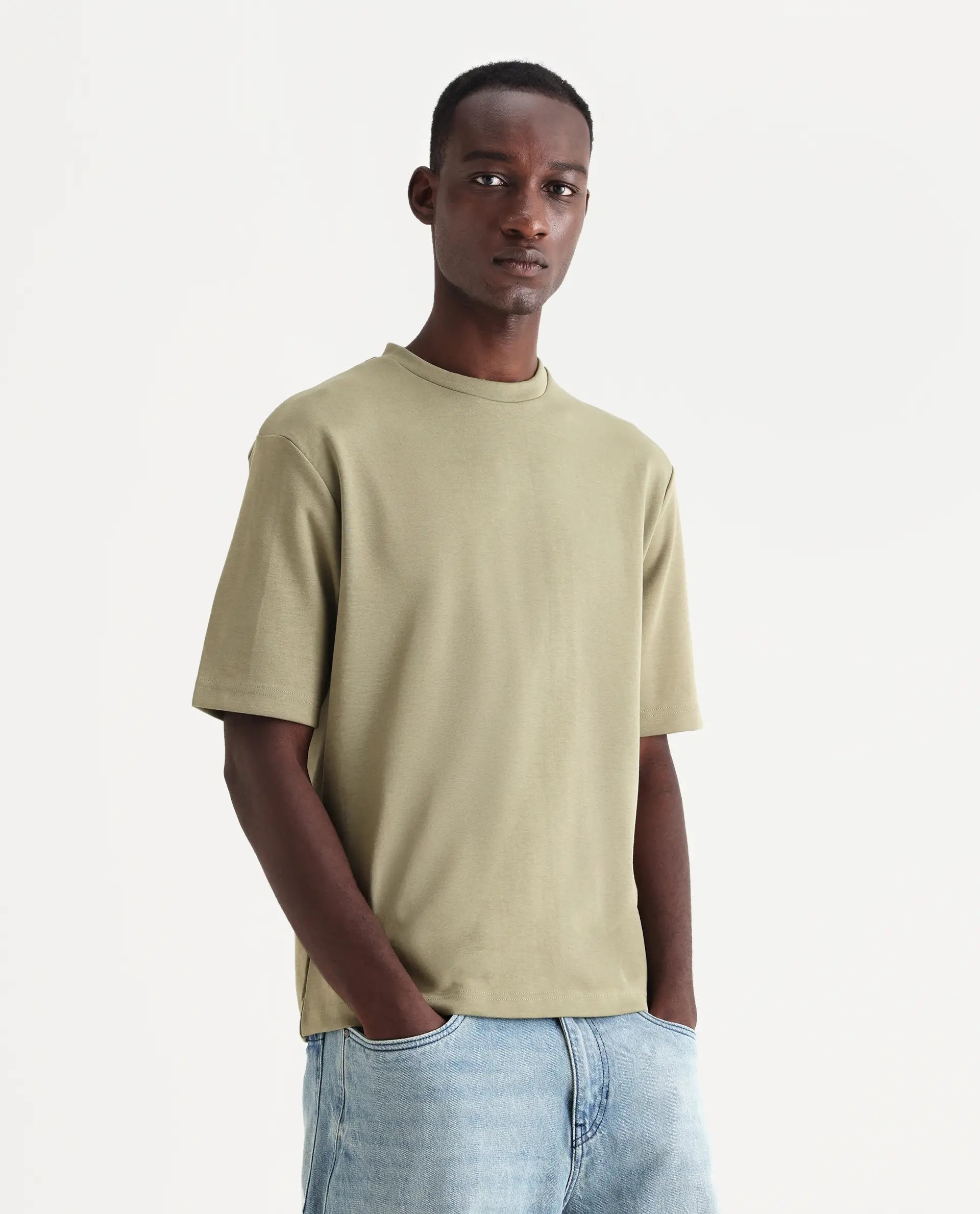 Rare Rabbit Men's Qlos Olive Cotton Blend Plain Boxy Fit Half Sleeve Crew Neck T-Shirt