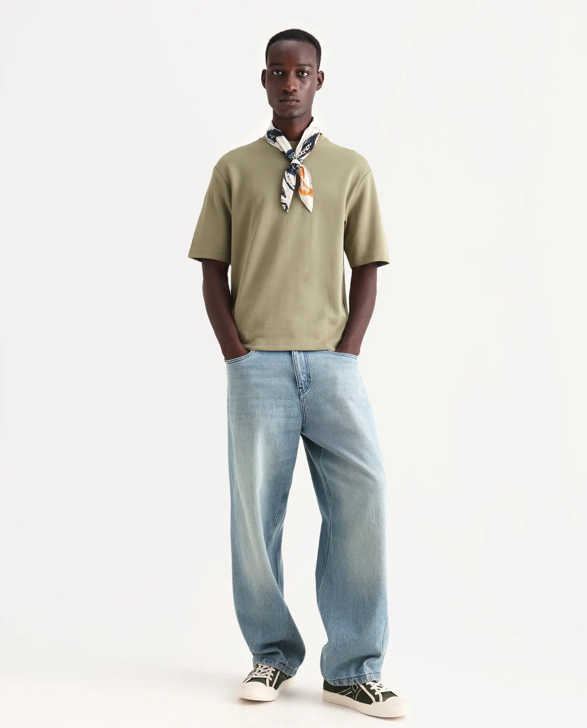 Rare Rabbit Men's Qlos Olive Cotton Blend Plain Boxy Fit Half Sleeve Crew Neck T-Shirt