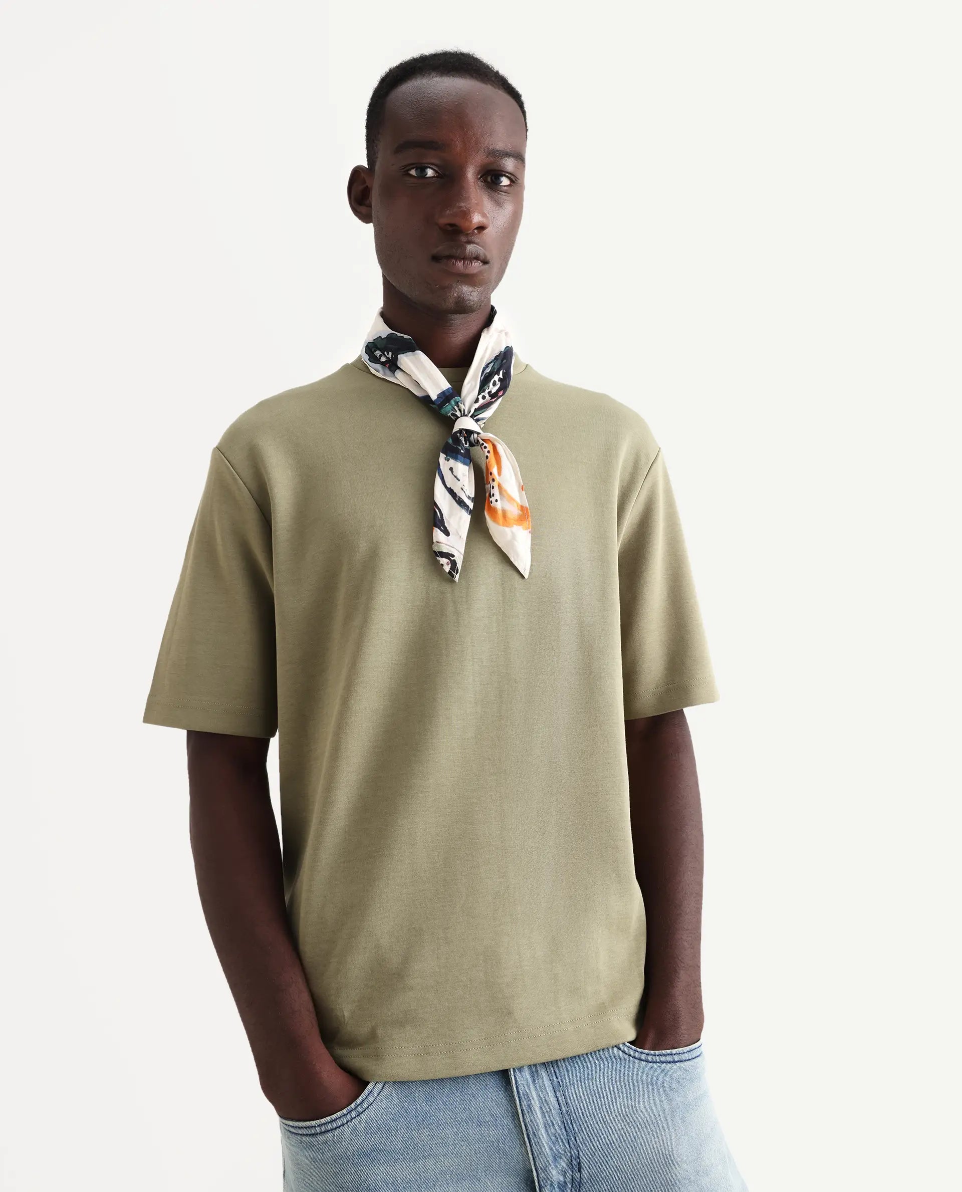 Rare Rabbit Men's Qlos Olive Cotton Blend Plain Boxy Fit Half Sleeve Crew Neck T-Shirt