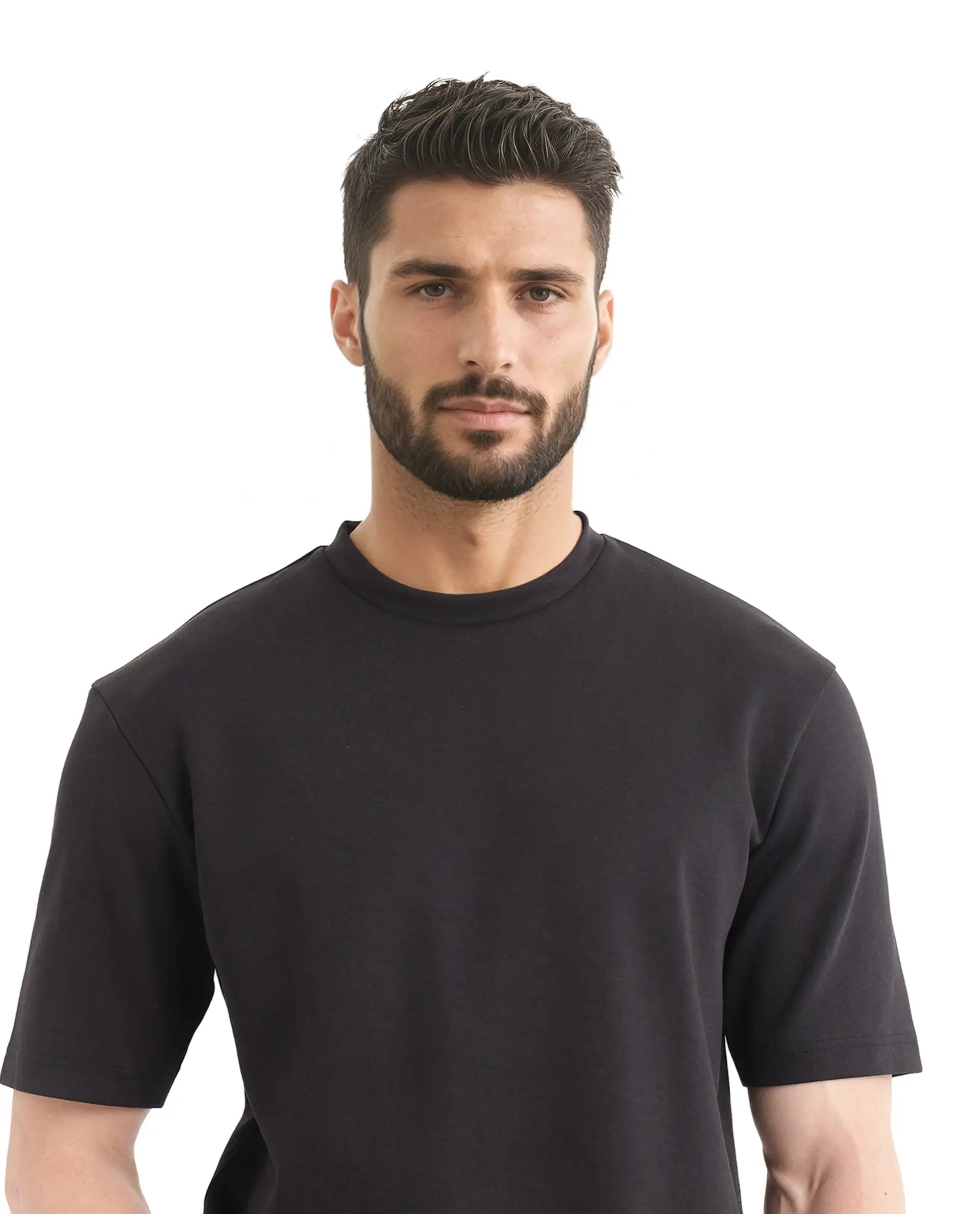 Rare Rabbit Men Qlot Black Cotton Poly Fabric Short Sleeve Crew Neck Oversized Fit Plain T-Shirt