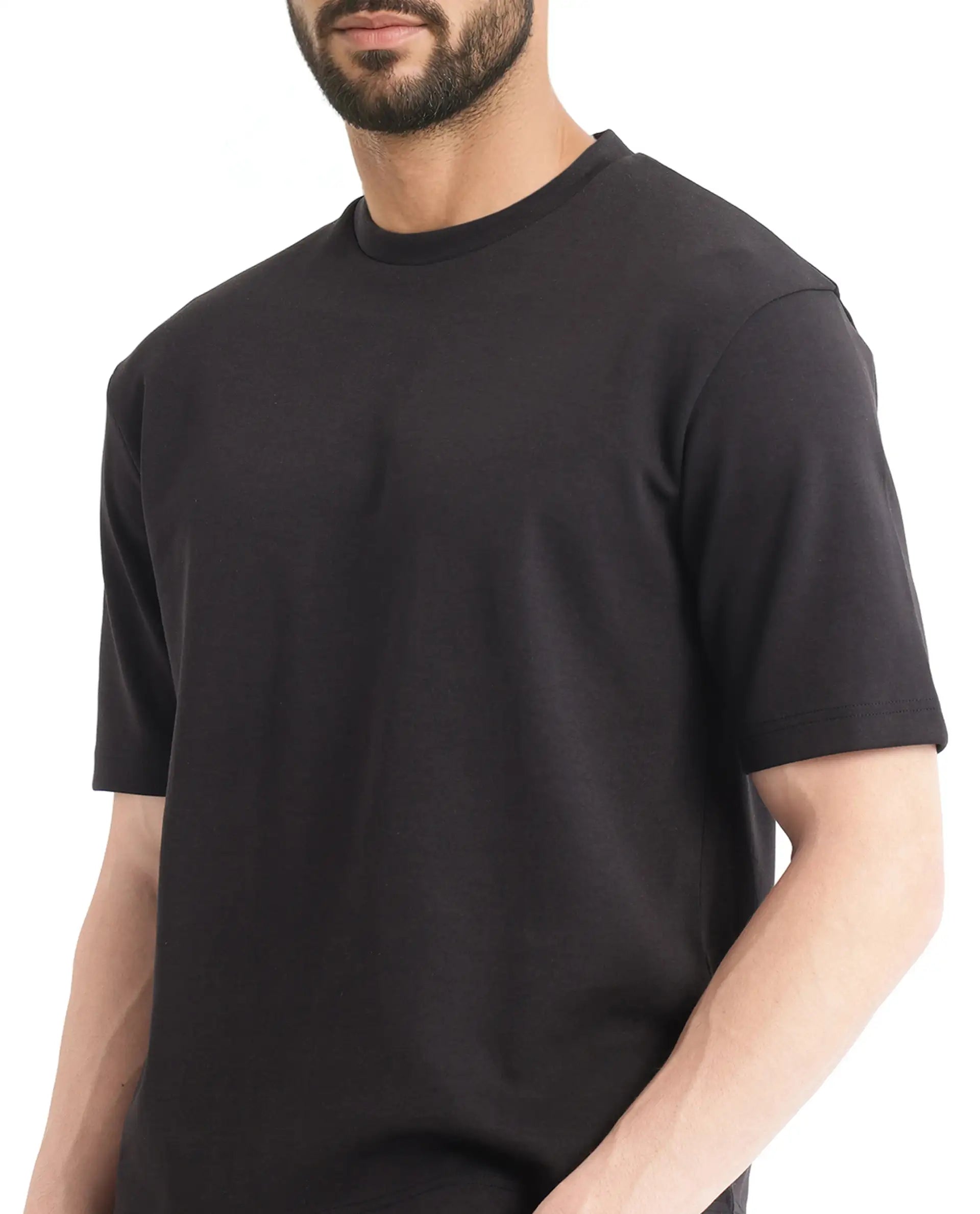 Rare Rabbit Men Qlot Black Cotton Poly Fabric Short Sleeve Crew Neck Oversized Fit Plain T-Shirt
