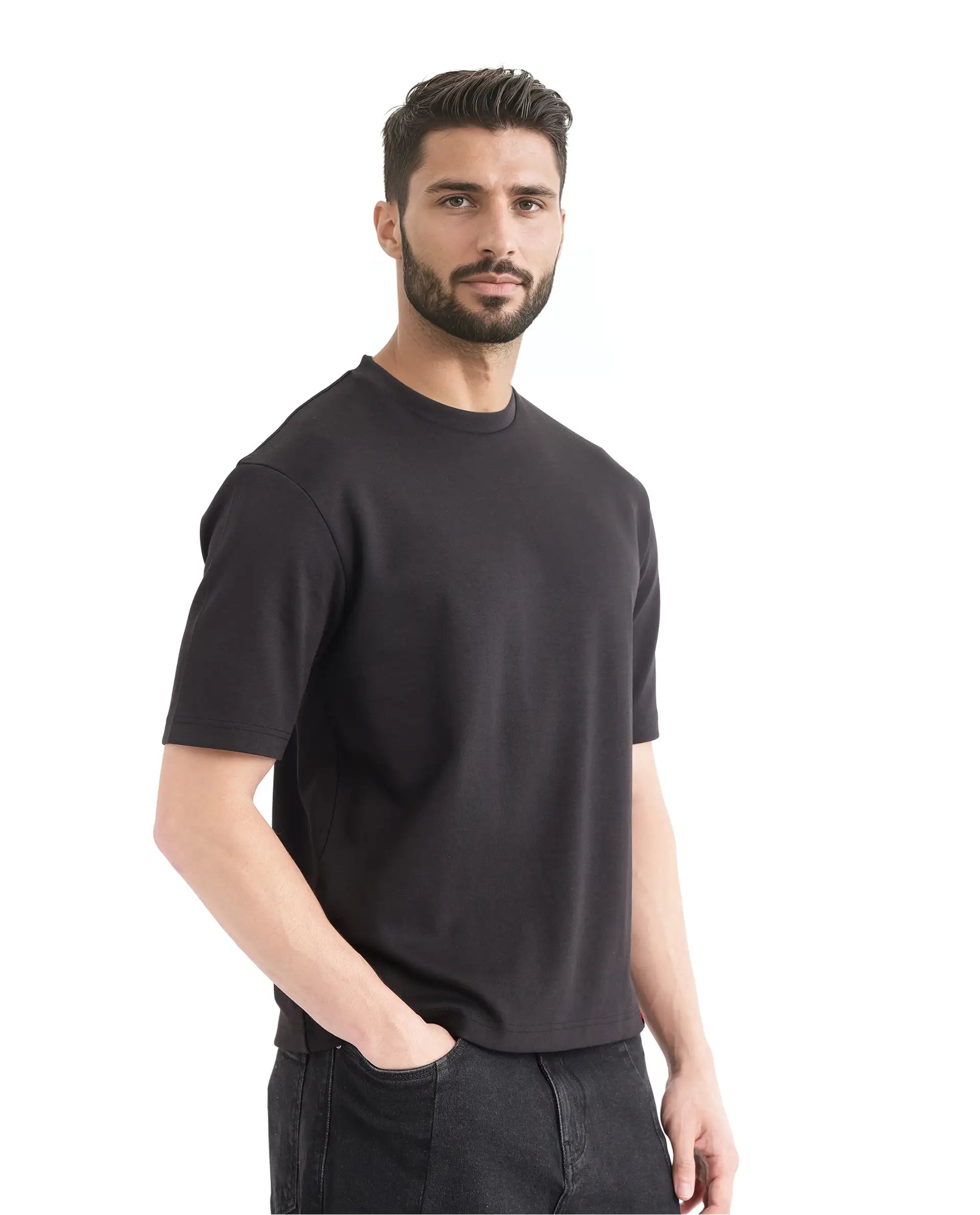 Rare Rabbit Men Qlot Black Cotton Poly Fabric Short Sleeve Crew Neck Oversized Fit Plain T-Shirt