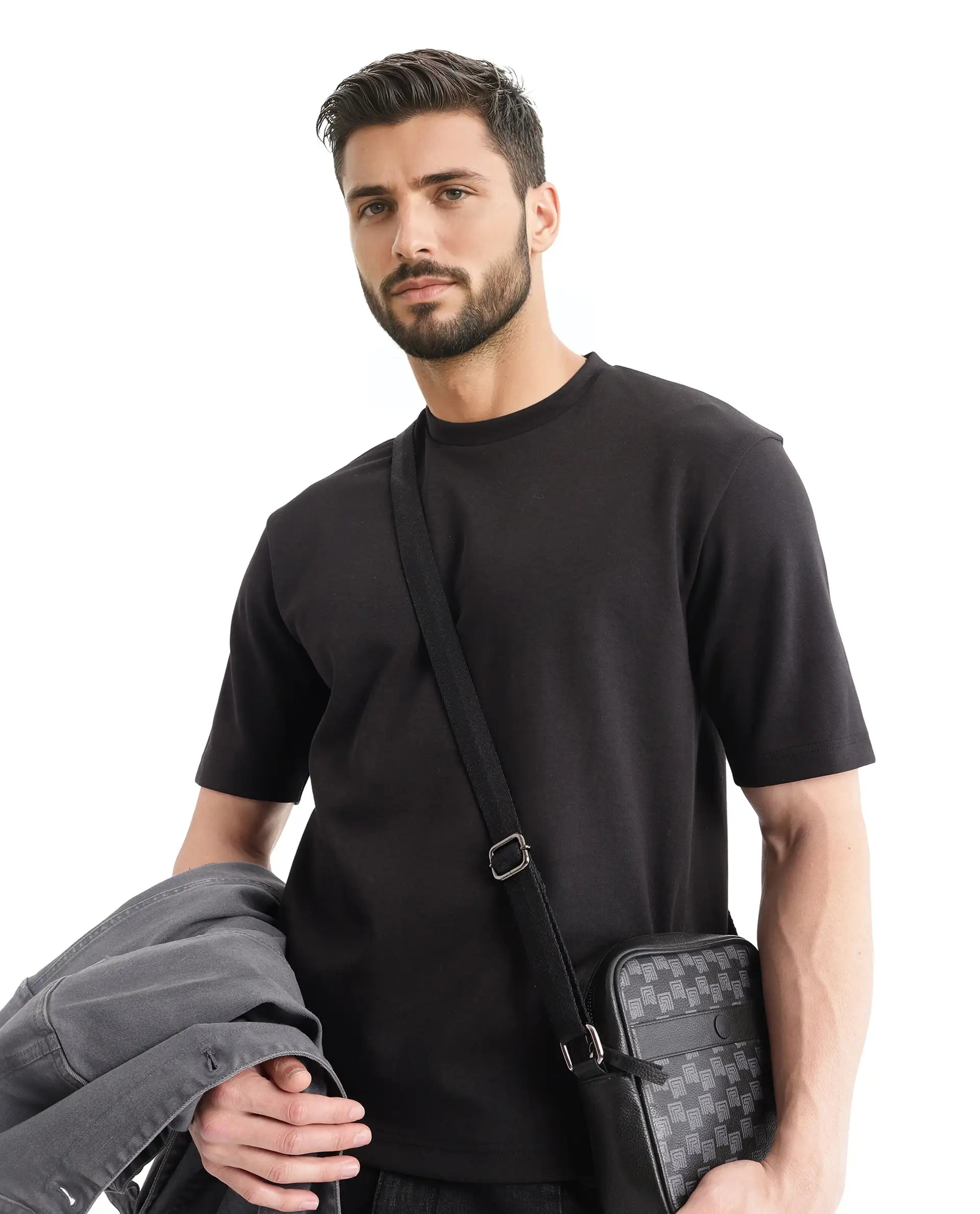 Rare Rabbit Men Qlot Black Cotton Poly Fabric Short Sleeve Crew Neck Oversized Fit Plain T-Shirt