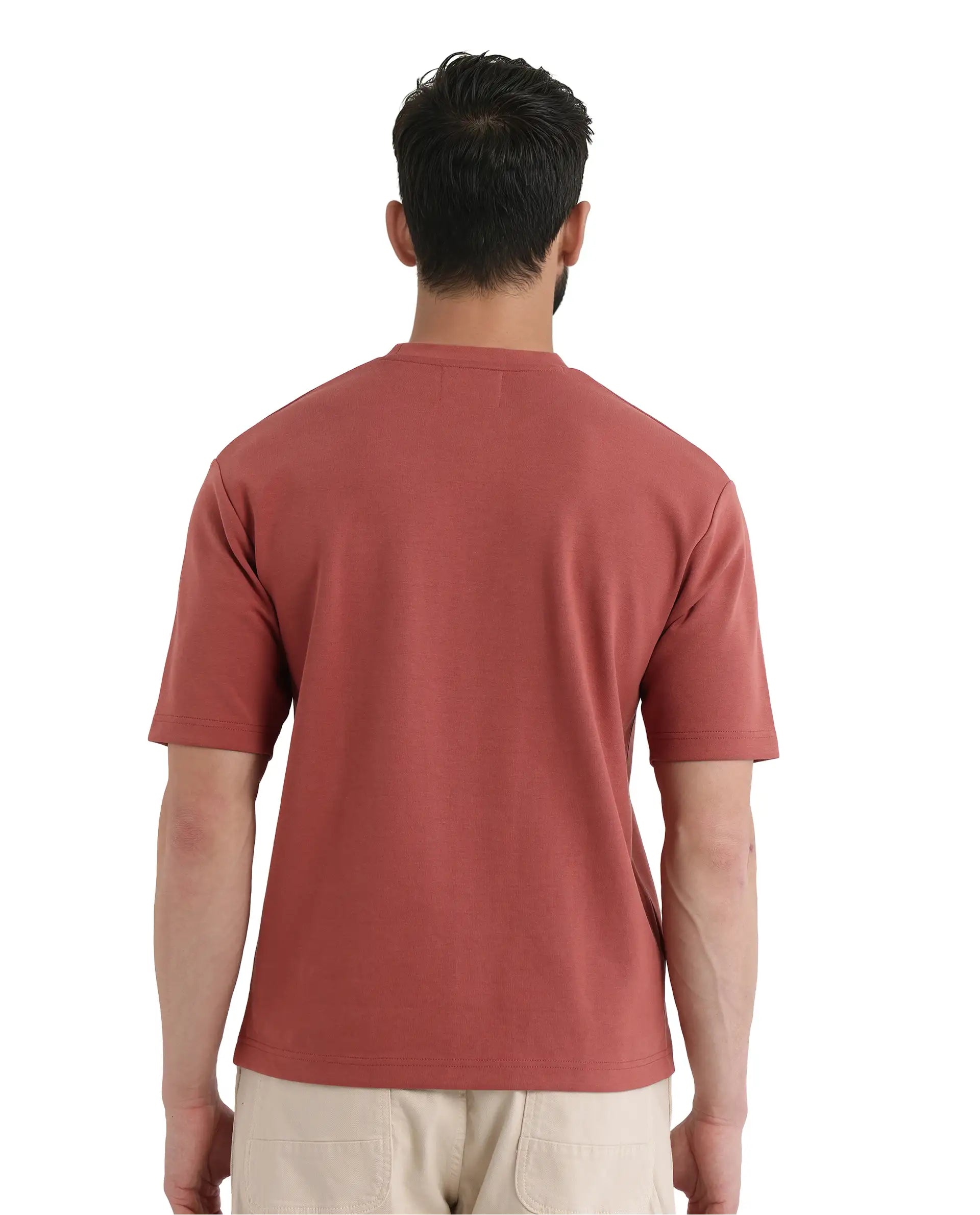 Rare Rabbit Men Qlot Dusky Rust Cotton Poly Fabric Short Sleeve Crew Neck Oversized Fit Plain T-Shirt