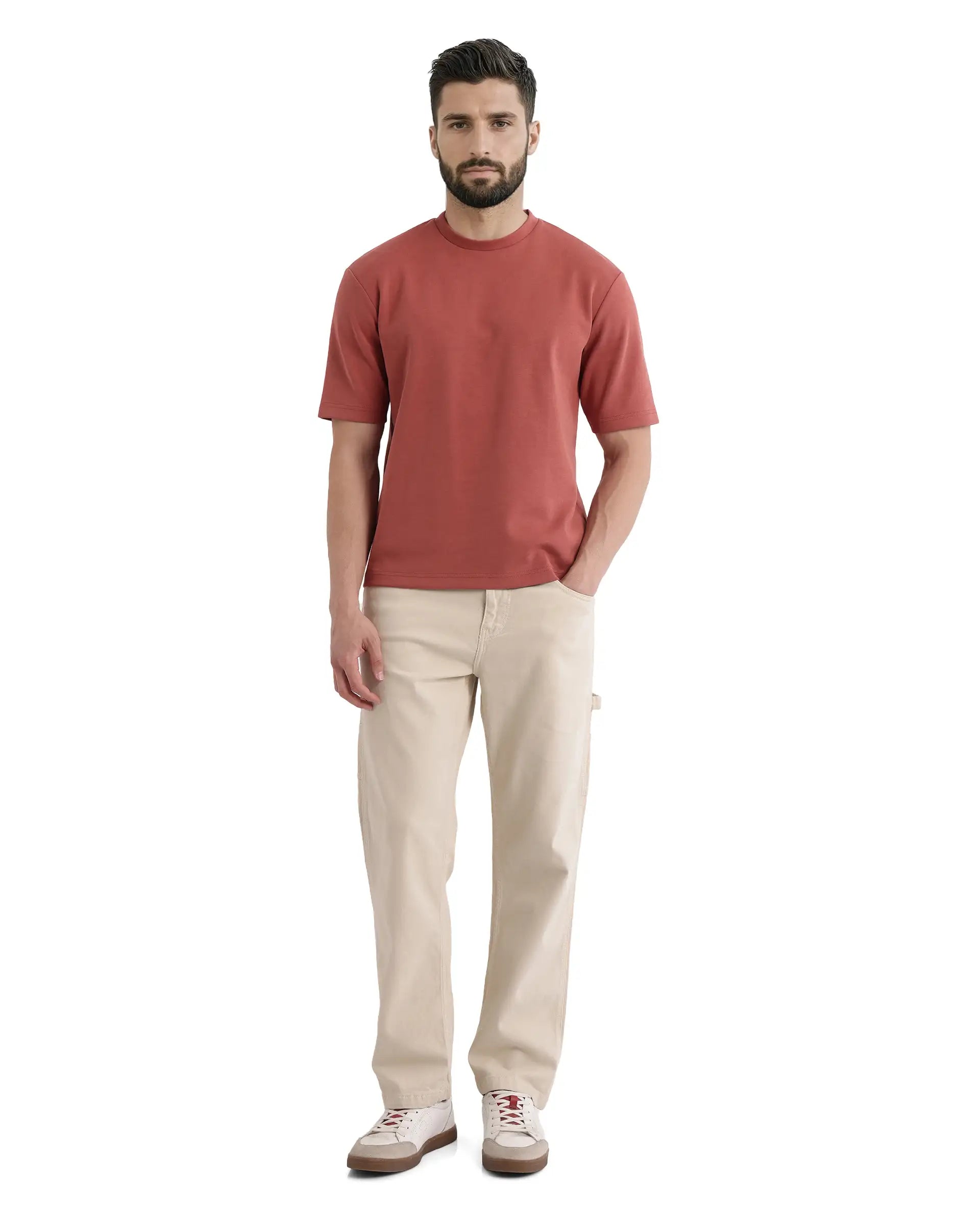 Rare Rabbit Men Qlot Dusky Rust Cotton Poly Fabric Short Sleeve Crew Neck Oversized Fit Plain T-Shirt