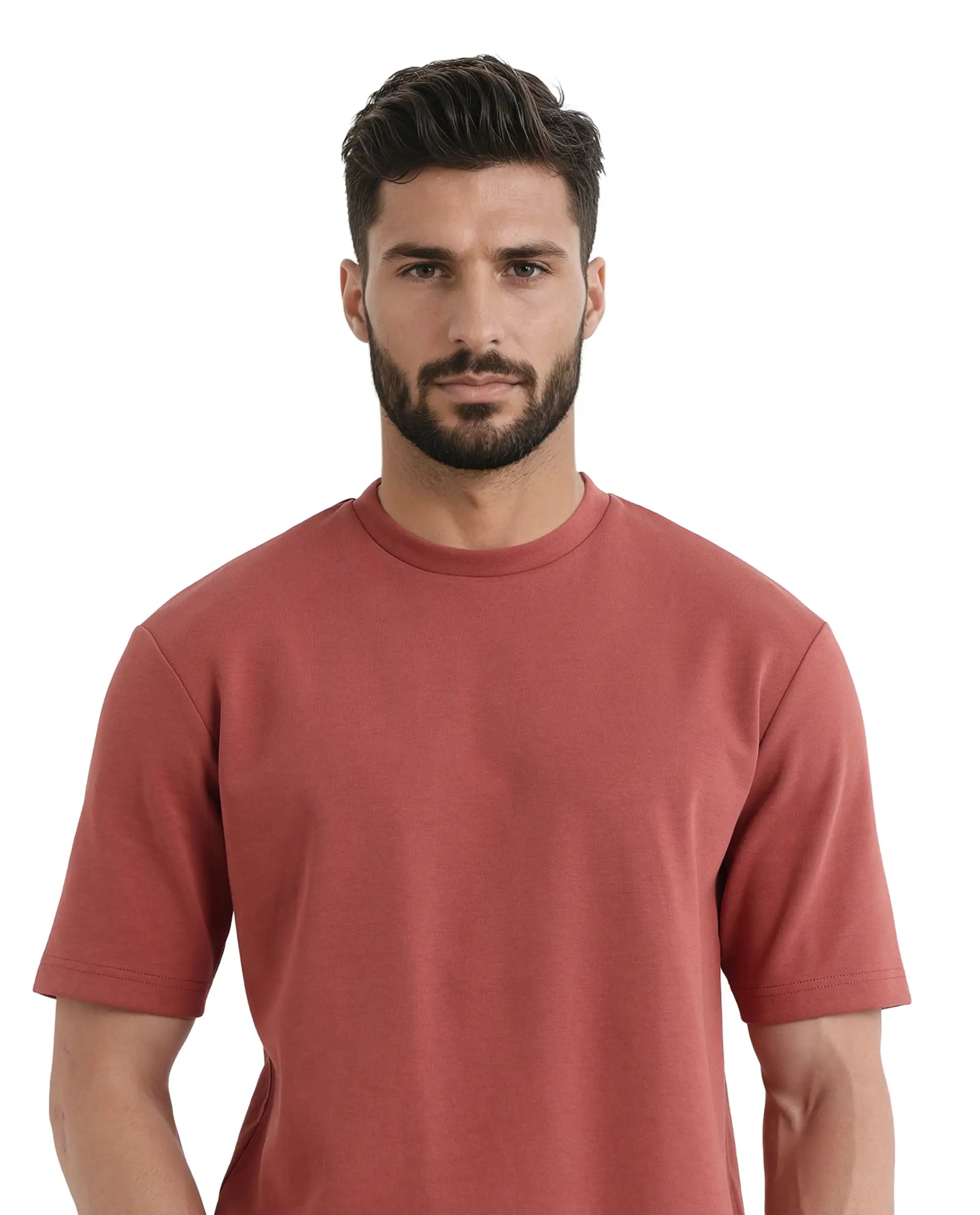 Rare Rabbit Men Qlot Dusky Rust Cotton Poly Fabric Short Sleeve Crew Neck Oversized Fit Plain T-Shirt