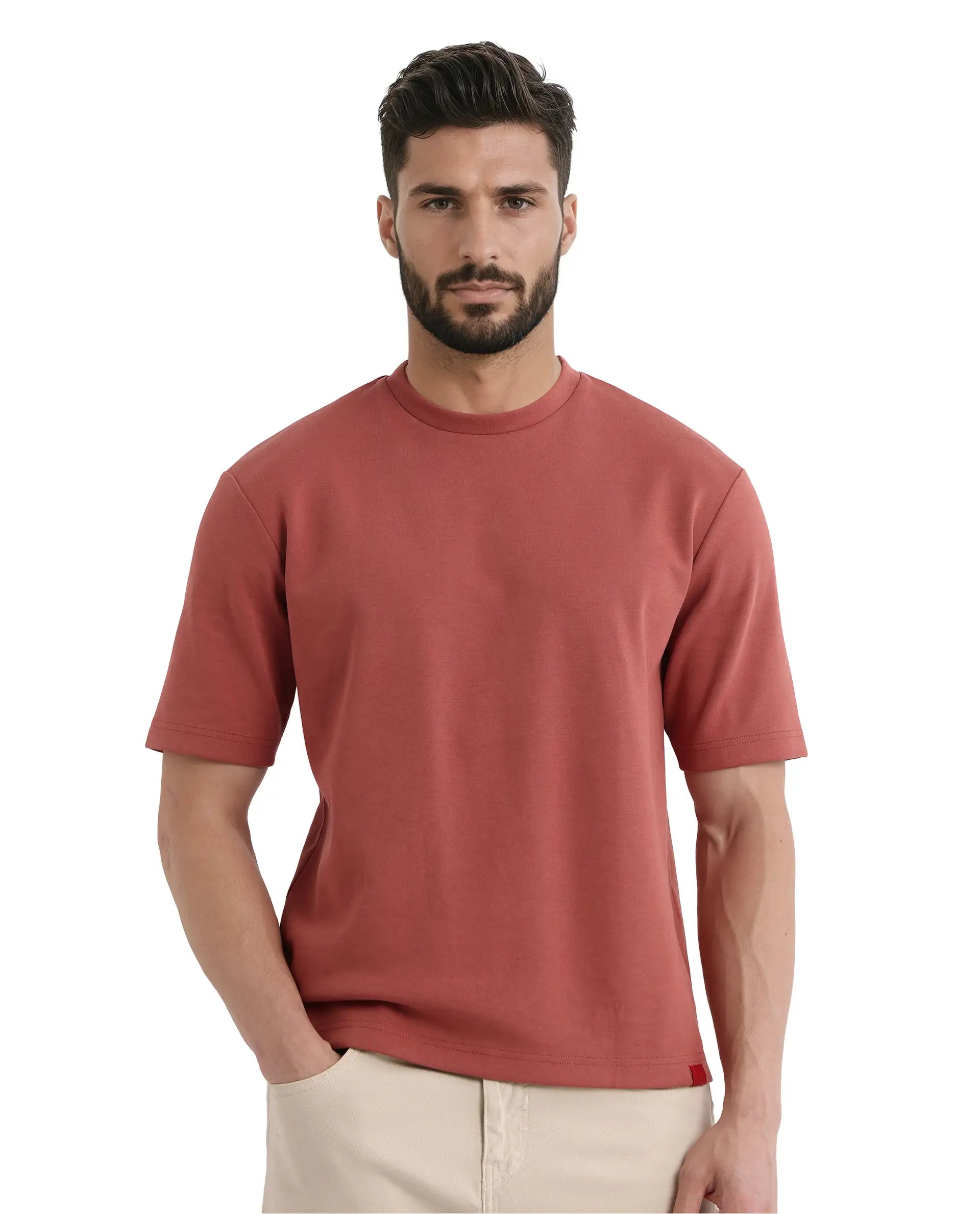 Rare Rabbit Men Qlot Dusky Rust Cotton Poly Fabric Short Sleeve Crew Neck Oversized Fit Plain T-Shirt