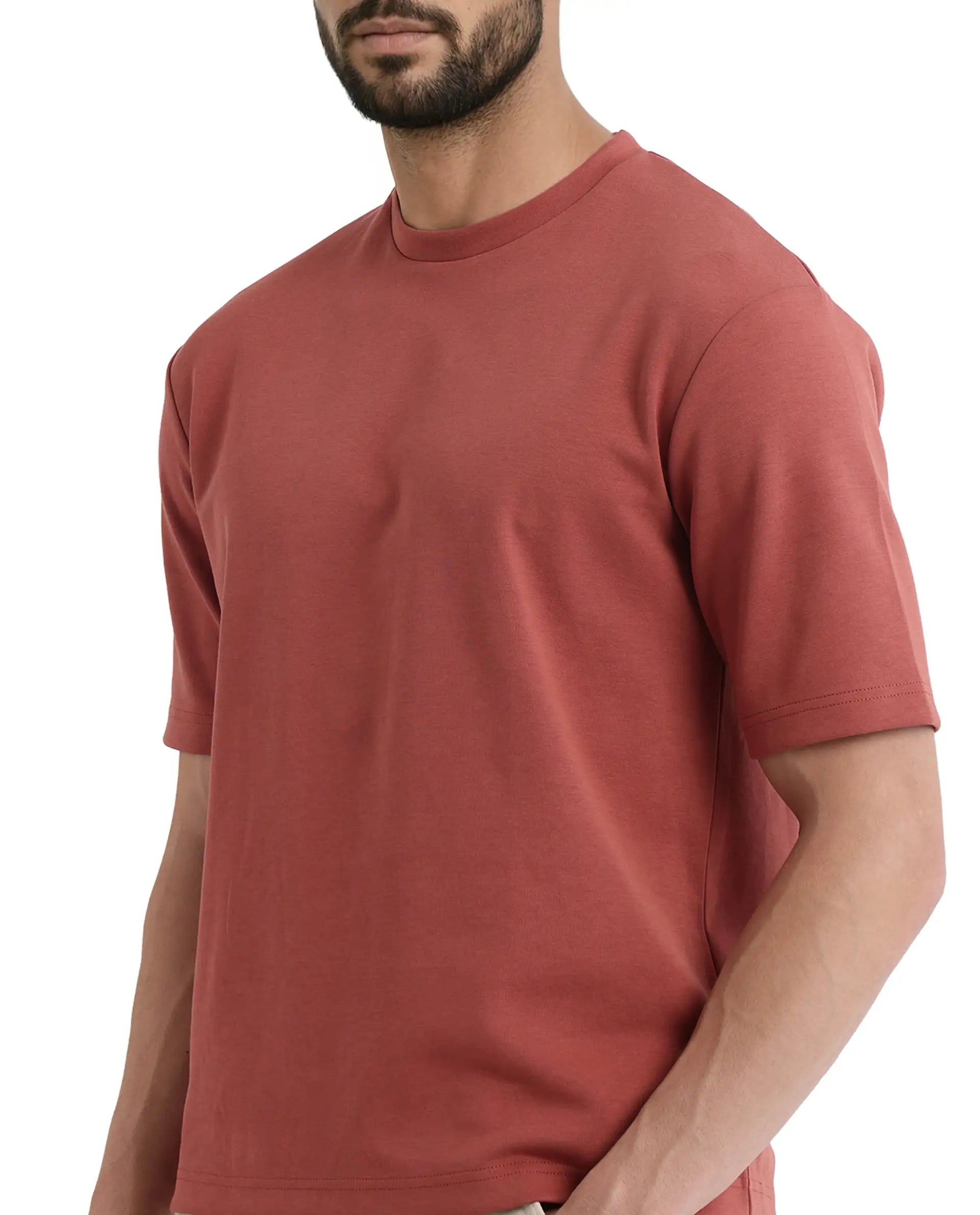 Rare Rabbit Men Qlot Dusky Rust Cotton Poly Fabric Short Sleeve Crew Neck Oversized Fit Plain T-Shirt