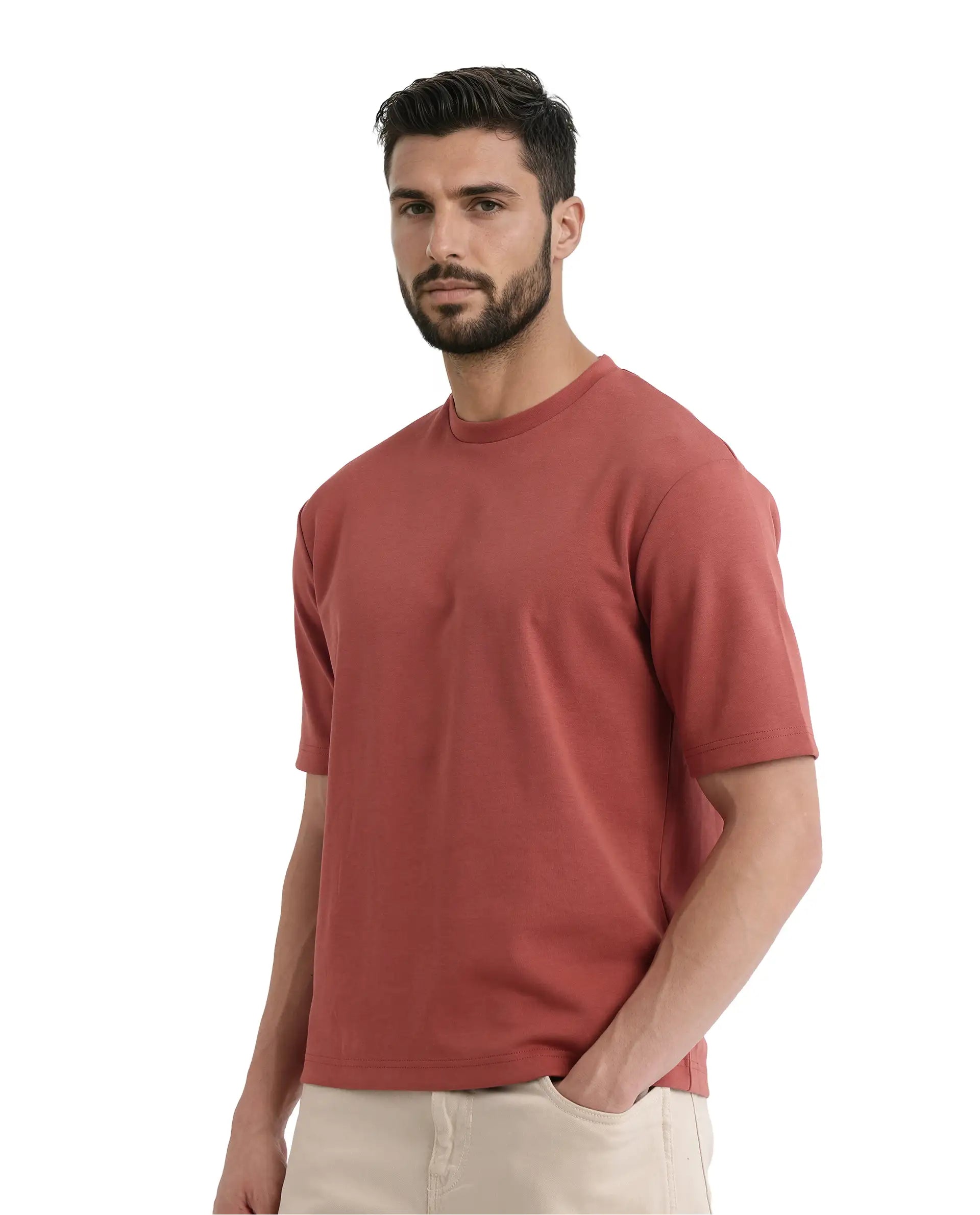 Rare Rabbit Men Qlot Dusky Rust Cotton Poly Fabric Short Sleeve Crew Neck Oversized Fit Plain T-Shirt