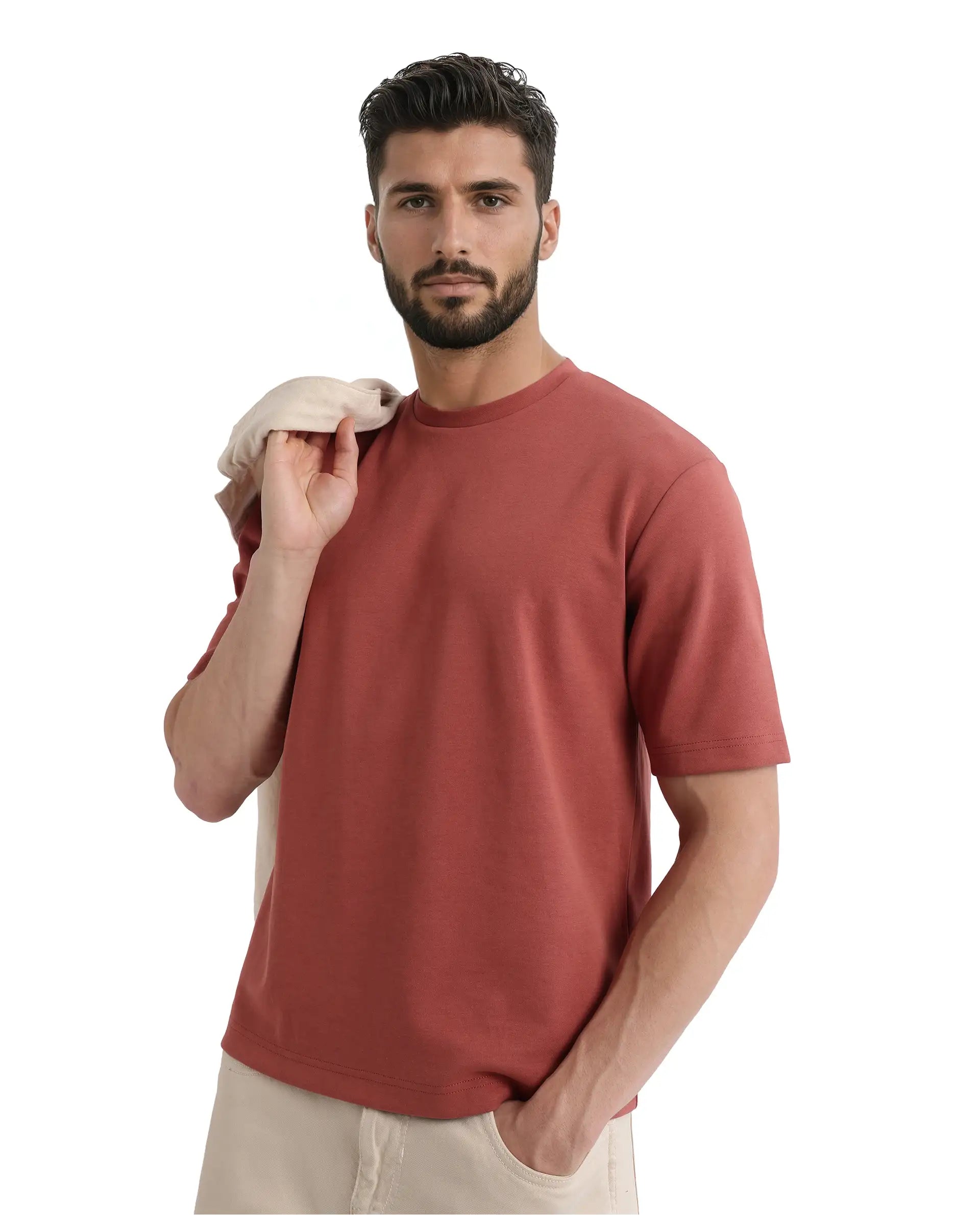 Rare Rabbit Men Qlot Dusky Rust Cotton Poly Fabric Short Sleeve Crew Neck Oversized Fit Plain T-Shirt