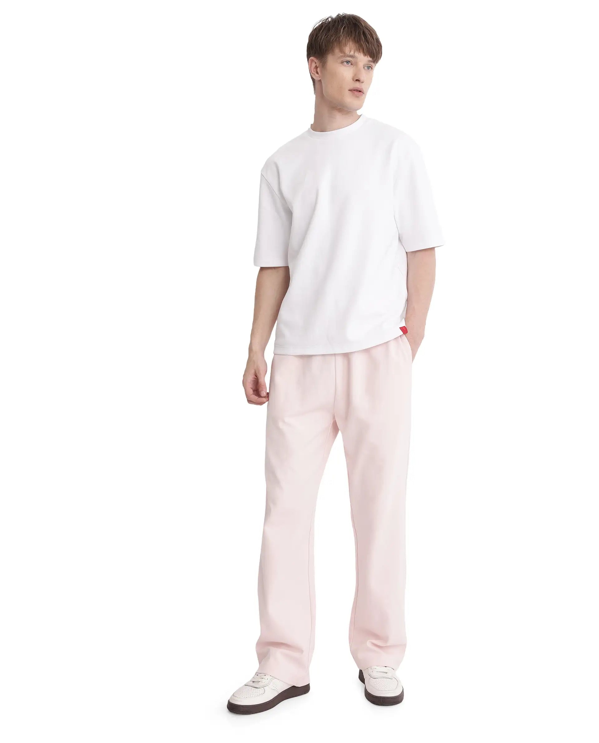 Rare Rabbit Men Qlot White Cotton Poly Fabric Short Sleeve Crew Neck Oversized Fit Plain T-Shirt