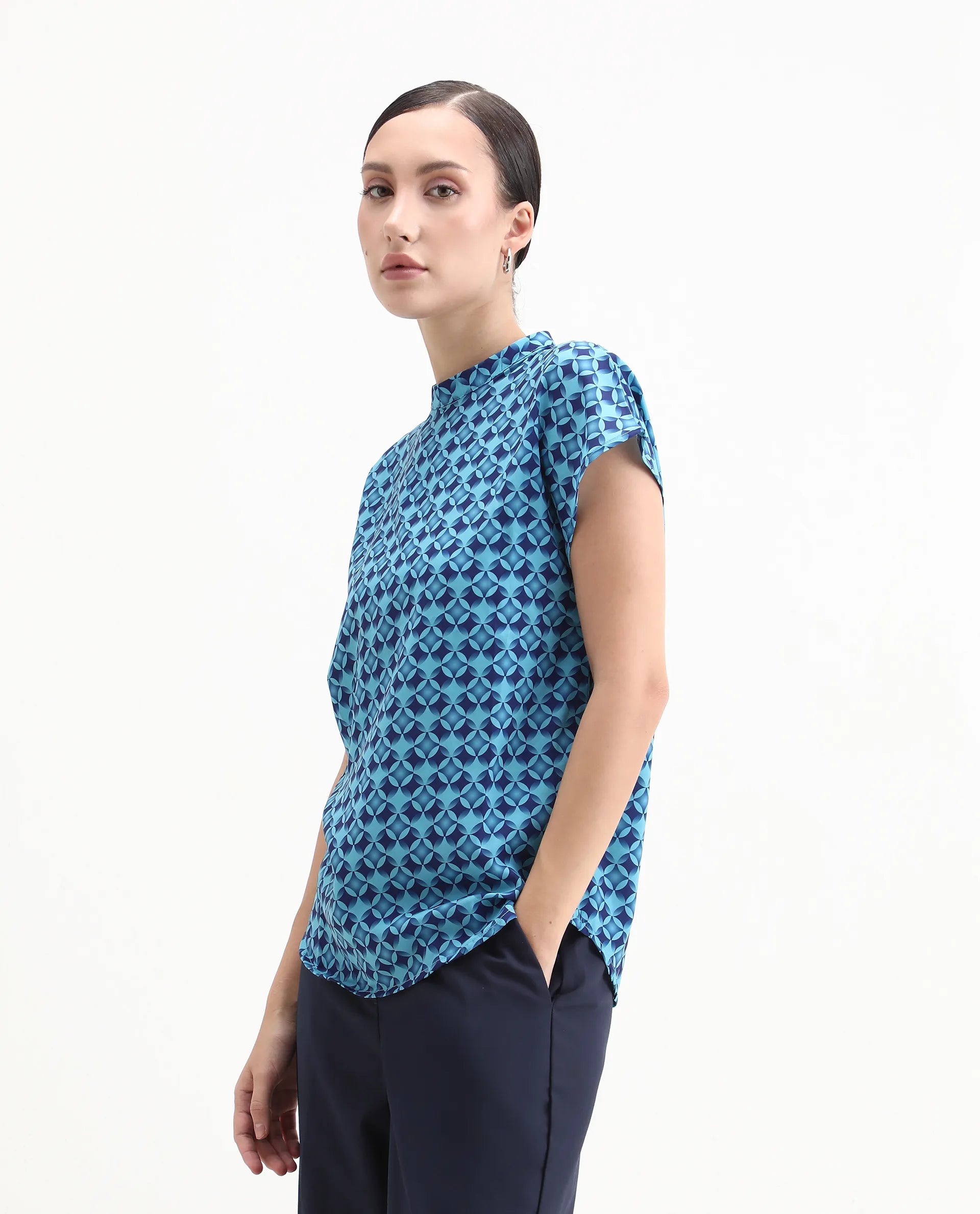 Rareism Women's Qoat Blue Polyester Blend High Neck Geometric Print Extended Sleeves Regular Fit Top