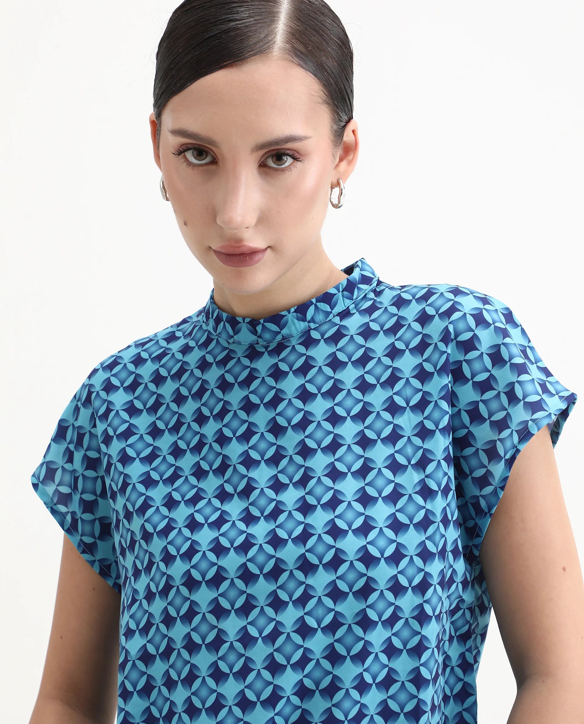 Rareism Women's Qoat Blue Polyester Blend High Neck Geometric Print Extended Sleeves Regular Fit Top