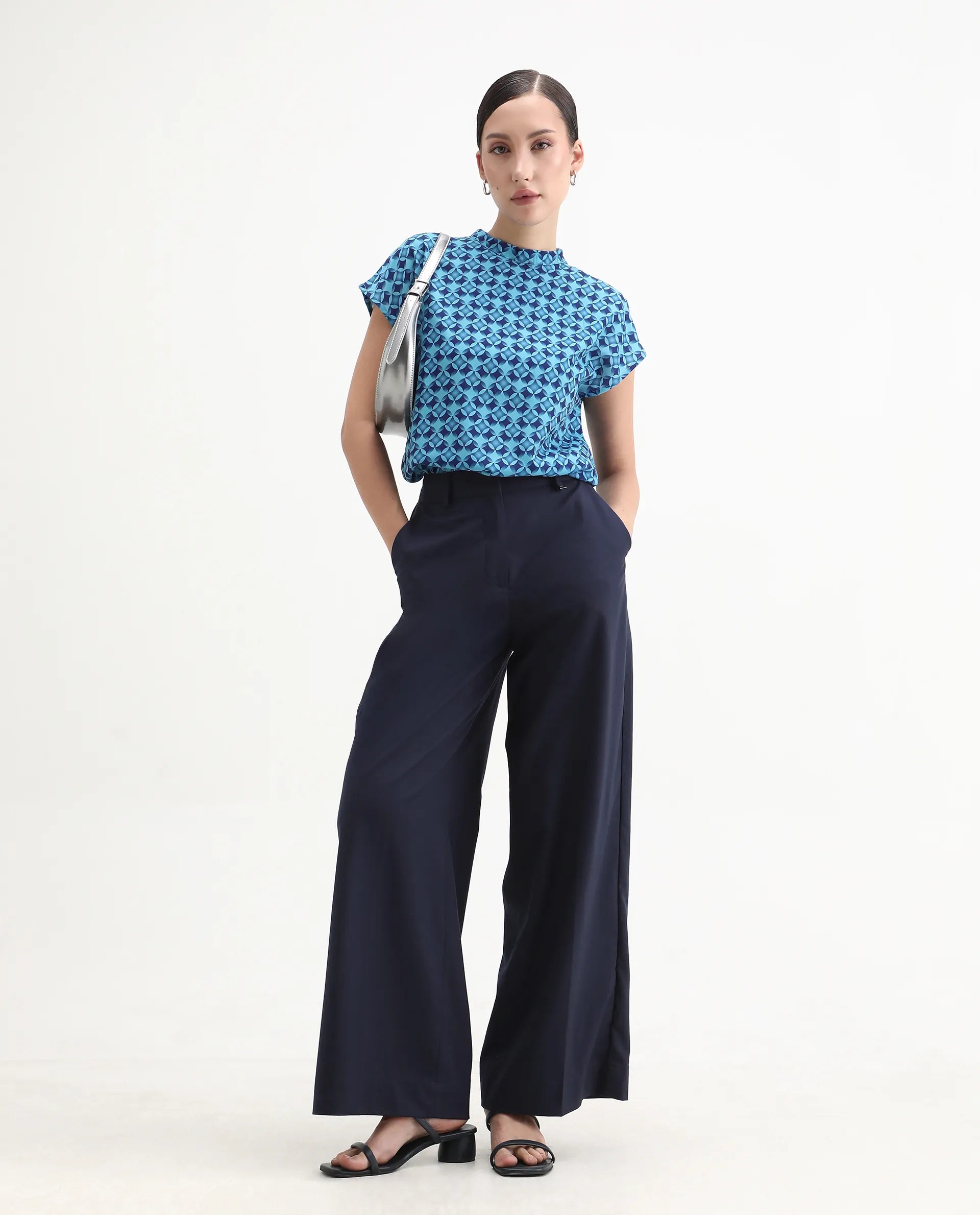 Rareism Women's Qoat Blue Polyester Blend High Neck Geometric Print Extended Sleeves Regular Fit Top