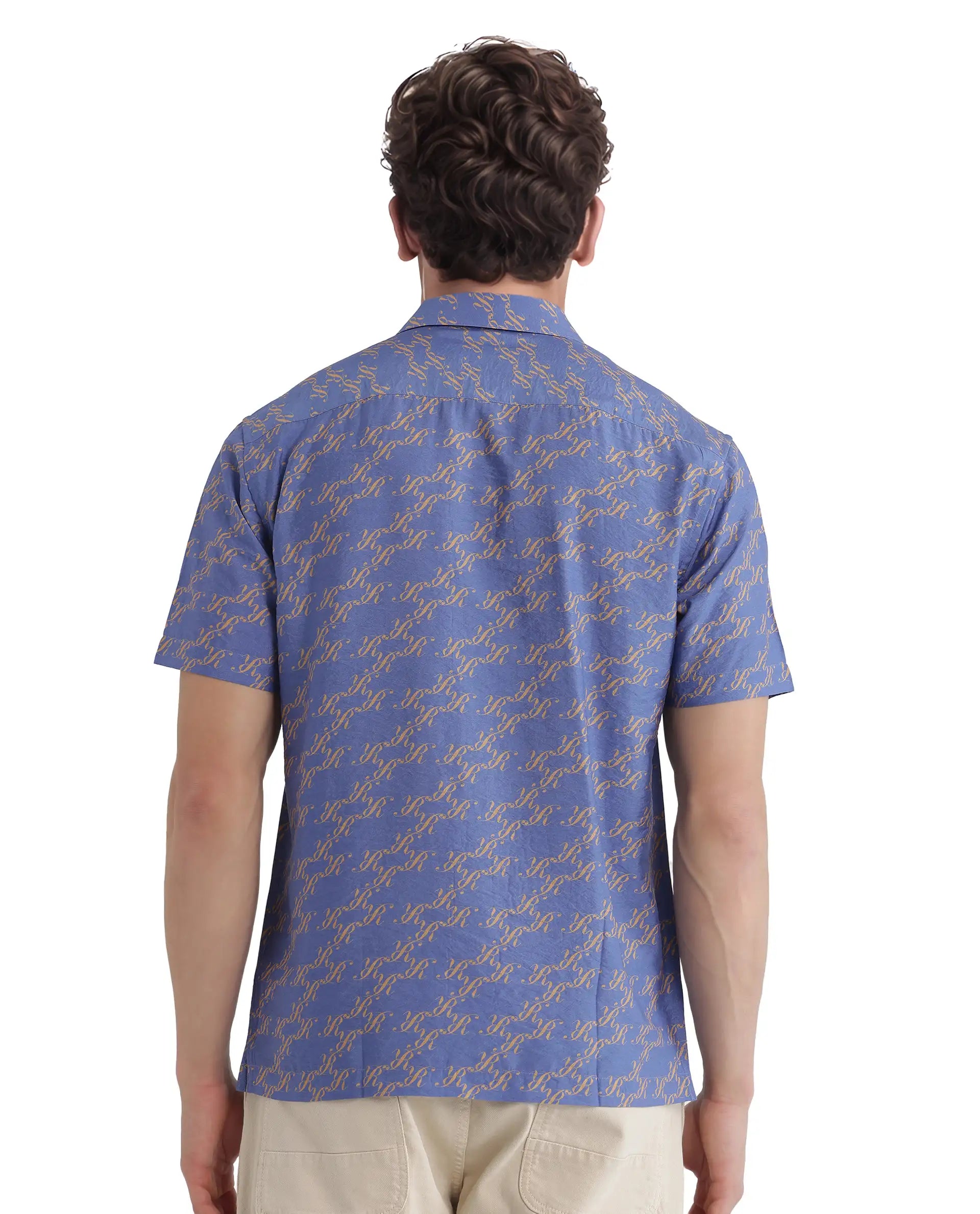 Rare Rabbit Men Qoto Light Purple Viscose Fabric Regular Fit Short Sleeve Regular Collared All Over Monogram Printed Shirt