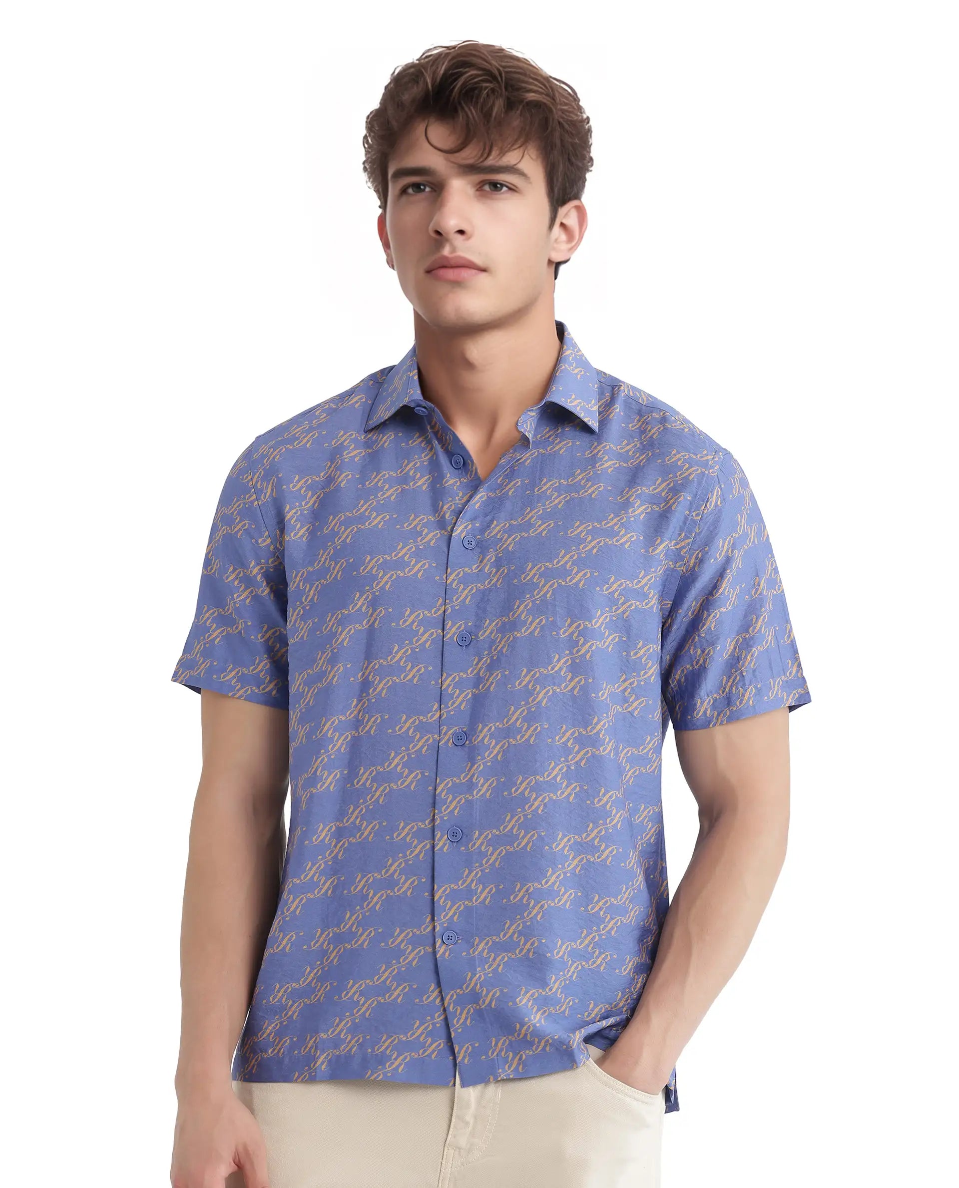 Rare Rabbit Men Qoto Light Purple Viscose Fabric Regular Fit Short Sleeve Regular Collared All Over Monogram Printed Shirt