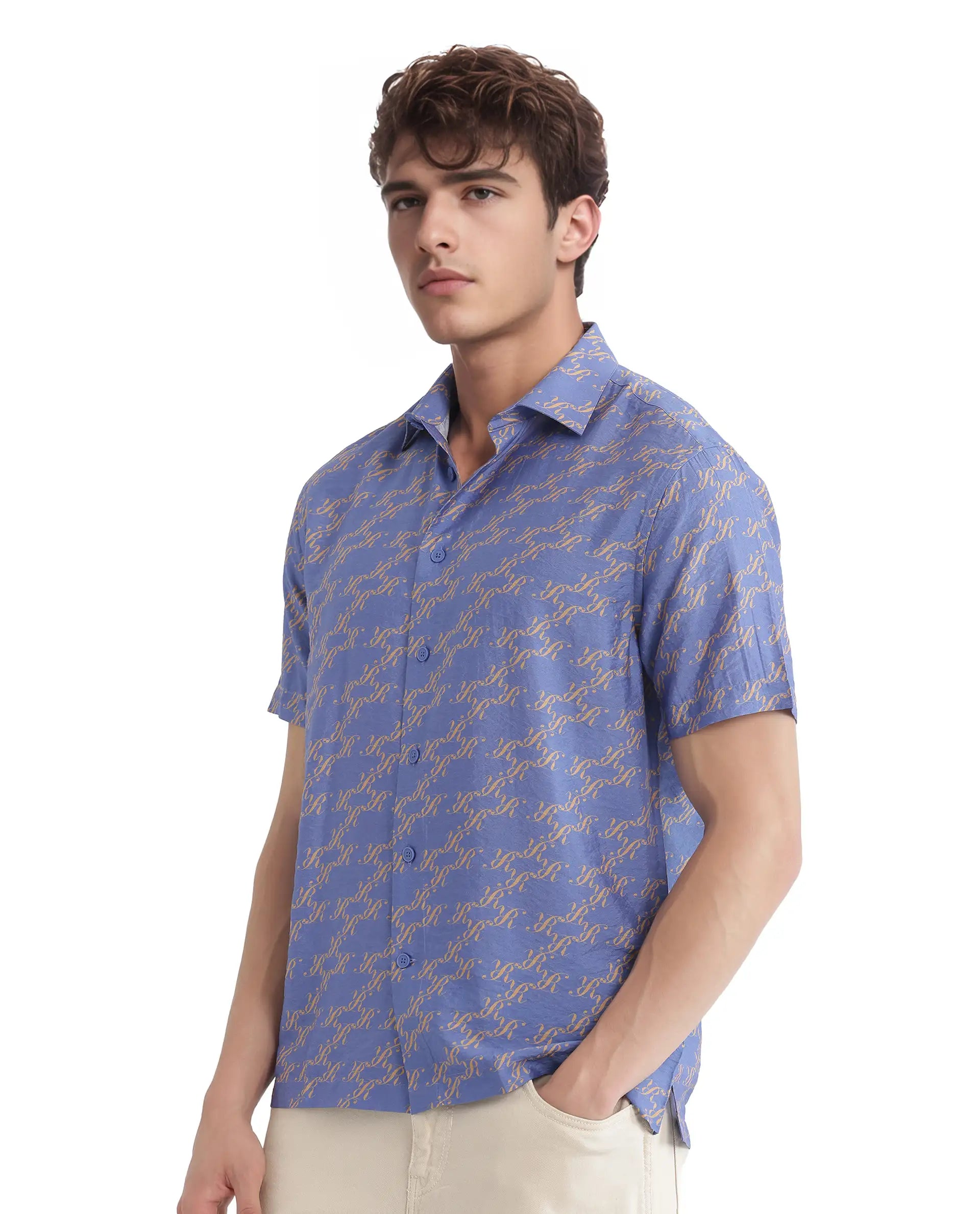 Rare Rabbit Men Qoto Light Purple Viscose Fabric Regular Fit Short Sleeve Regular Collared All Over Monogram Printed Shirt